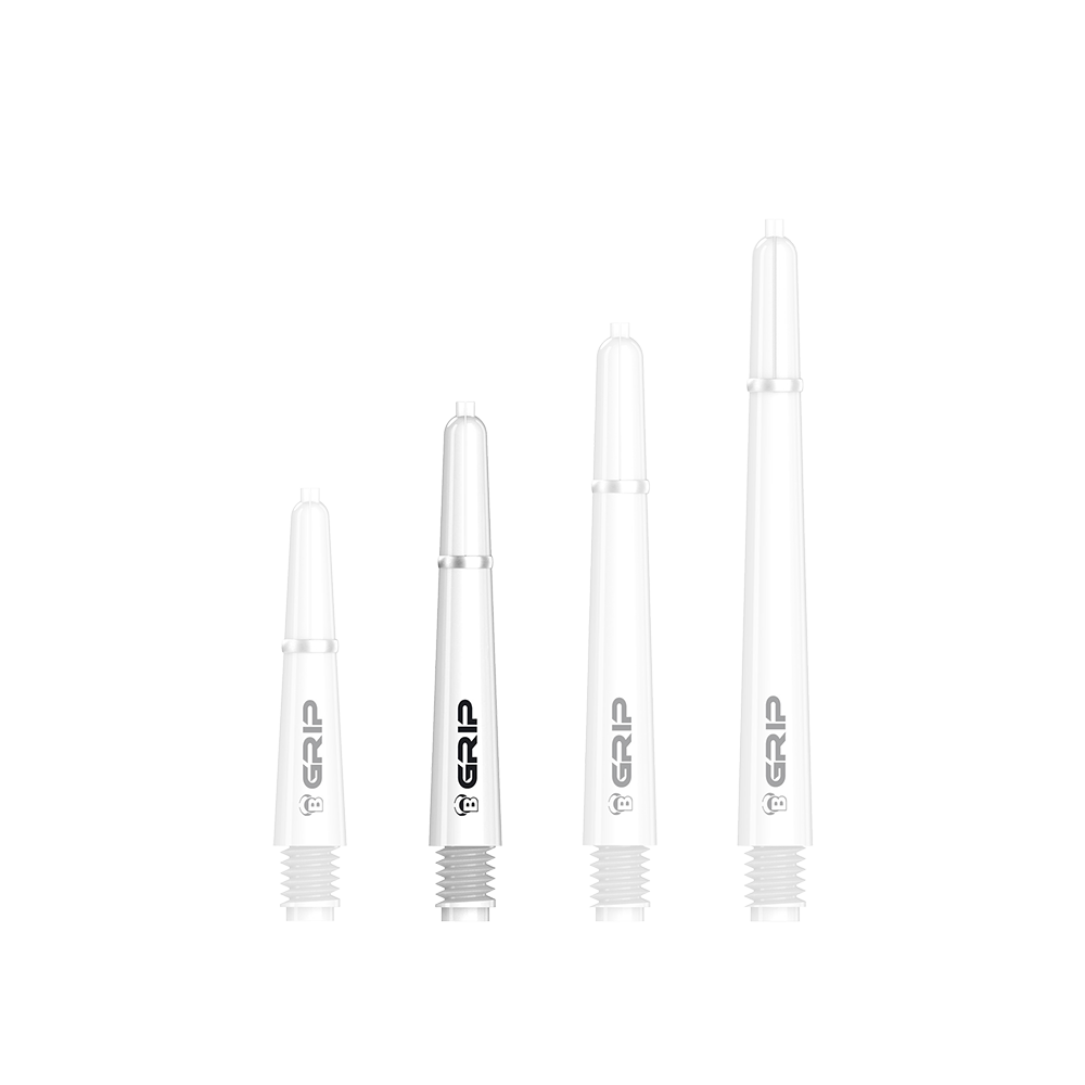 Das Bild zeigt vier weiße Bulls B-Grip-2 SL Shafts in unterschiedlichen Längen. Die Shafts sind mit dem schwarzen Schriftzug "GRIP" bedruckt.