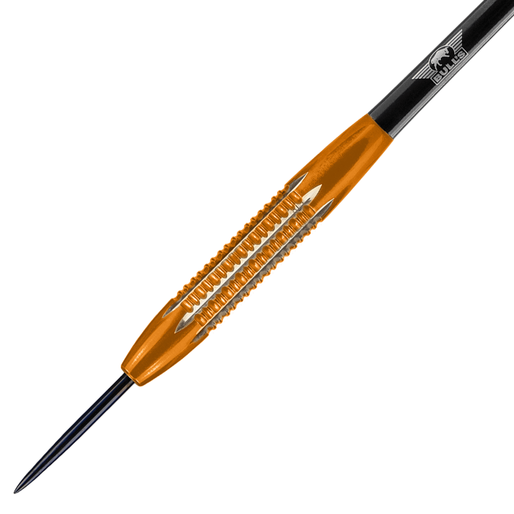 Dies ist ein Steeldart aus Messing mit orangener und silberner Farbe. Er trägt den Namen "Bulls NL Martijn Kleermaker Dutch Giant Brass Steeldarts - 21g".