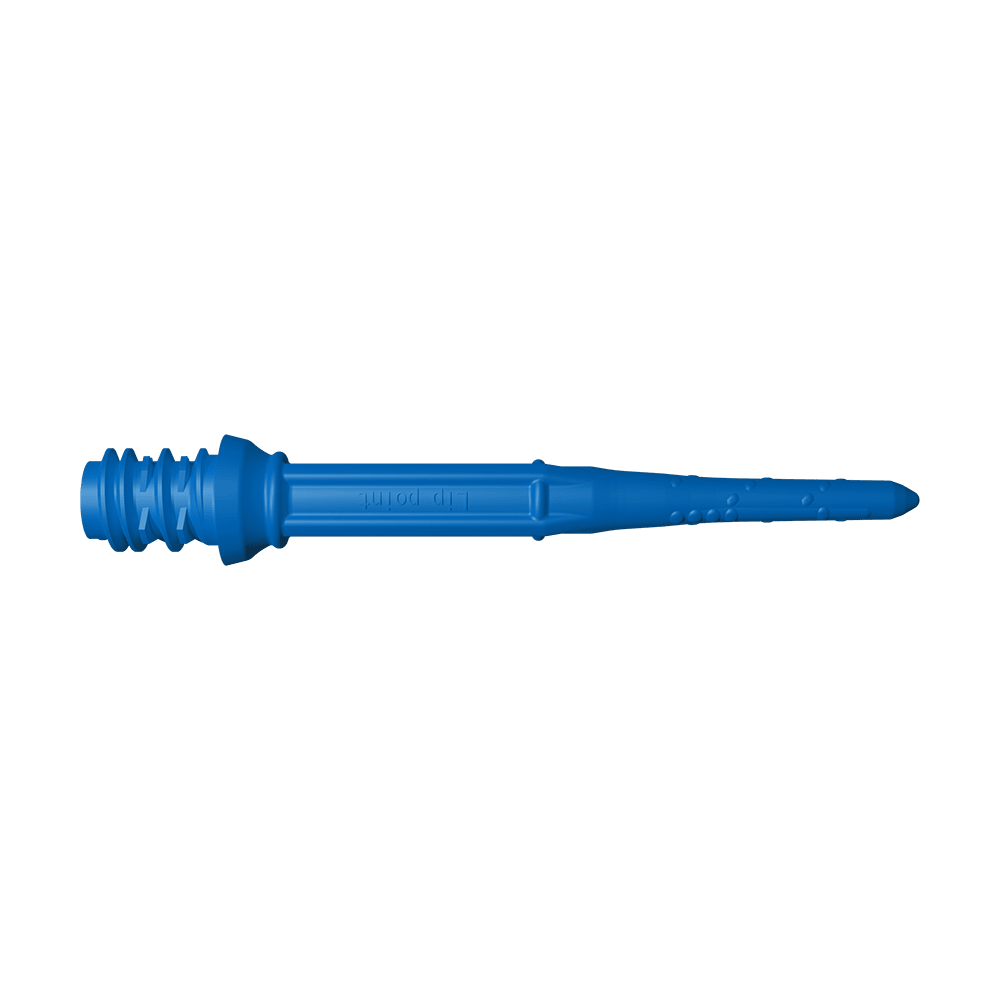 Das Bild zeigt eine blaue Softdartspitze. Sie hat ein Schraubgewinde am einen Ende und eine schlanke, spitze Form am anderen Ende.