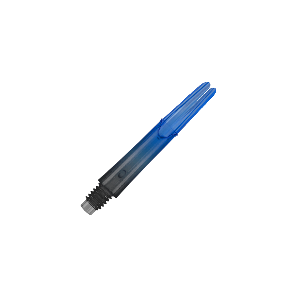 Auf dem Bild ist ein blauer, transparenter Dart-Schaft zu sehen. Der Schaft hat ein gerades Design und ein schwarzes Gewinde am unteren Ende.
