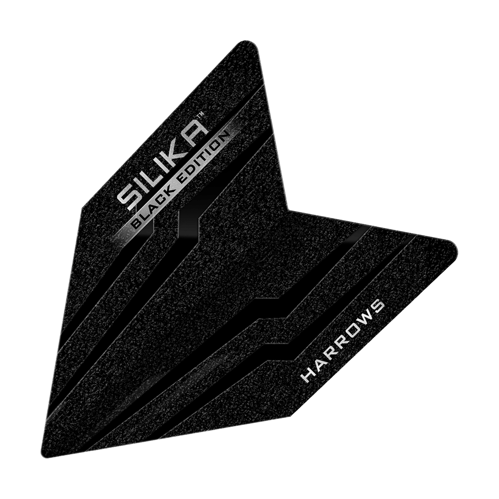 Harrows Silika Black-Edition Velos Flights Das Bild zeigt ein schwarzes Dartflight mit dem Namen "Harrows Silika Black-Edition Velos Flights". Auf dem Flight stehen die Wörter "SILIKA BLACK EDITION" und "HARROWS" in weißen Buchstaben.