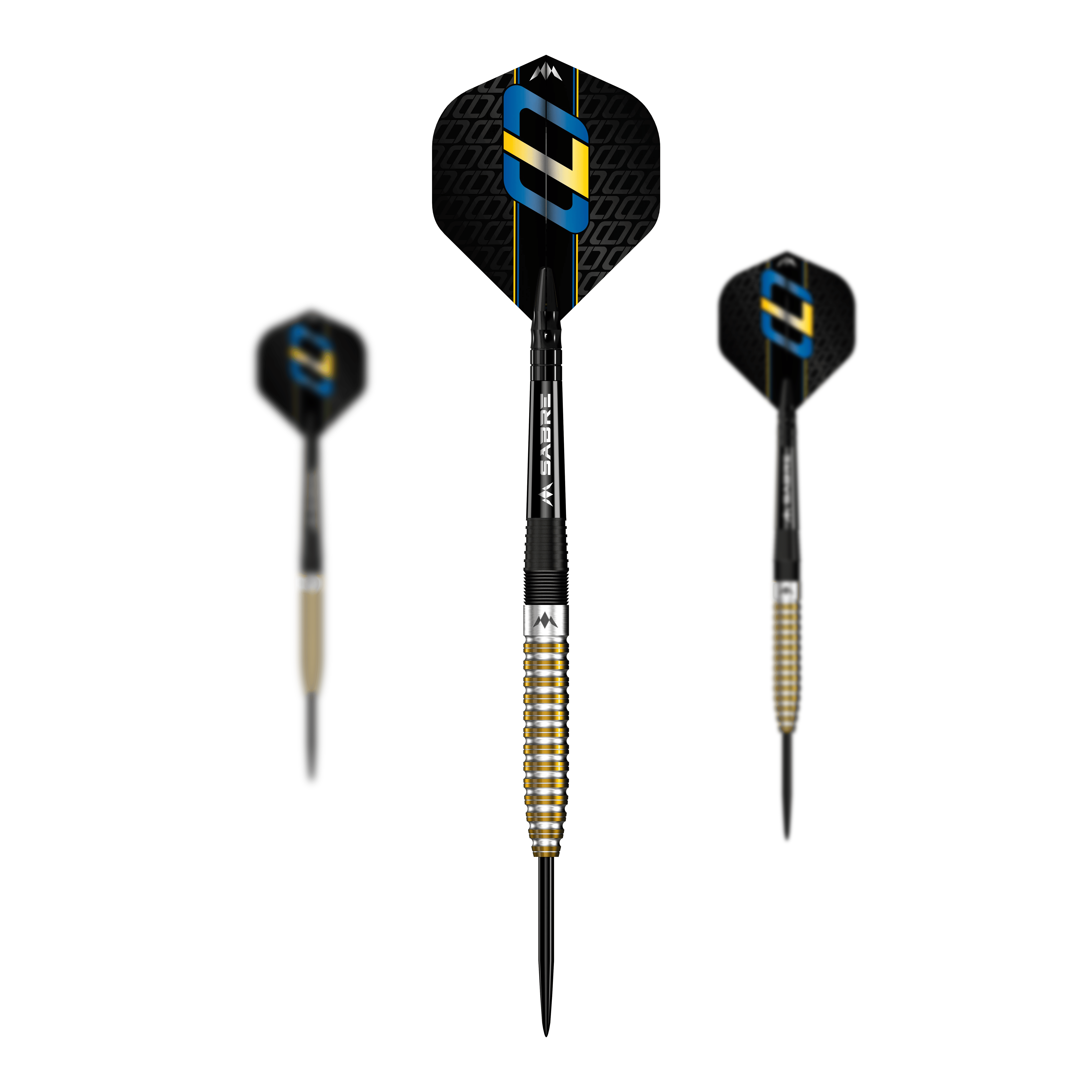 Mission Oskar Lukasiak Black Gold PVD Steeldarts - 22g Das Bild zeigt drei Steeldarts des Modells "Mission Oskar Lukasiak Black Gold PVD" mit einem Gewicht von 22g. Die Darts haben ein schwarz-goldenes Design und auffällige Flights mit blauen und goldenen Akzenten.