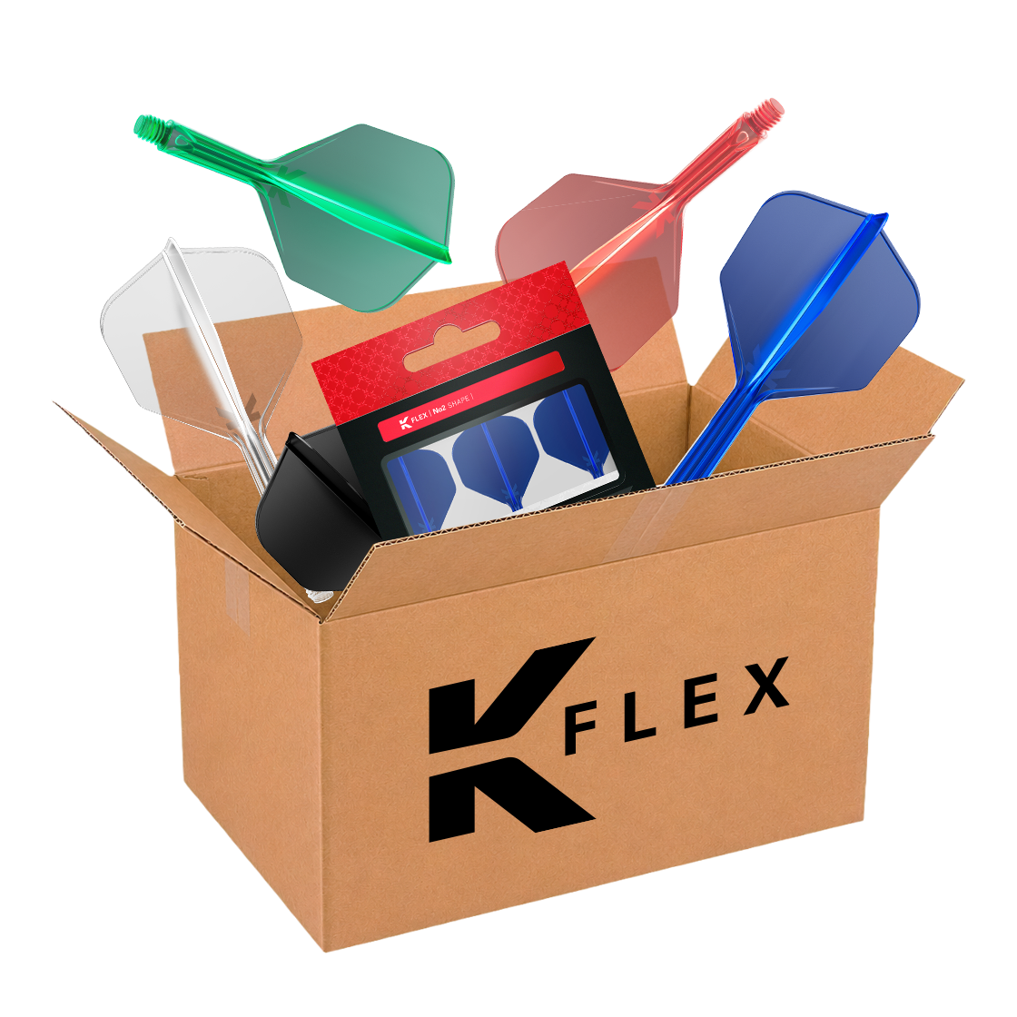 Auf dem Bild ist die McDart Mystery-Box mit K-Flex-Zubehör zu sehen. Die Mystery-Box enthält verschiedene Überraschungsartikel für Dartspieler.