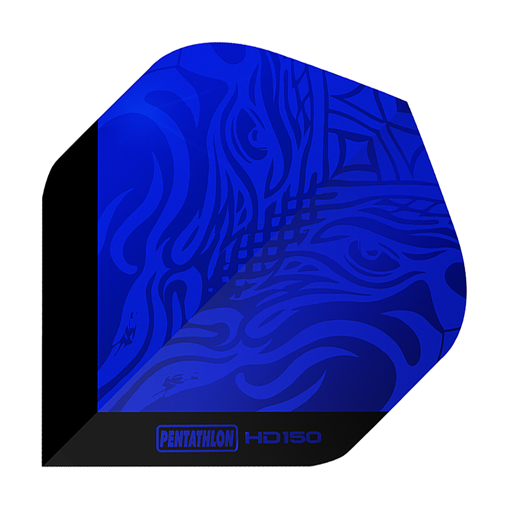 Pentathlon HD150 Metallic Blau Standard Flights Das Bild zeigt ein Dartflight in metallisch blau mit künstlerischem Muster. Unten steht der Schriftzug „PENTATHLON HD150“.