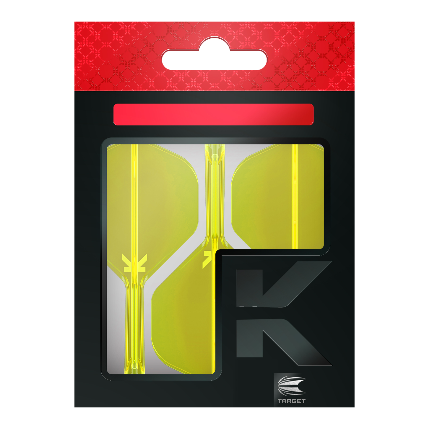 Das Bild zeigt eine Packung mit gelben Dart Flights der Marke Target. Die Verpackung hat einen roten oberen Rand und ein großes „K“ auf der Vorderseite.