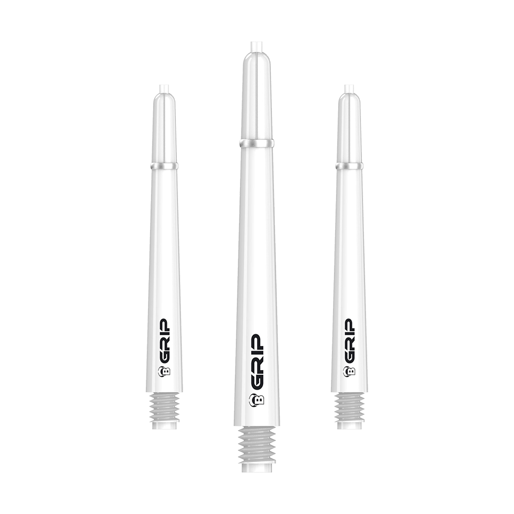 BS55059_Bulls_B-Grip-2_SL_Shafts_Weiss_48mm_1 Das Bild zeigt drei weiße Dart-Schäfte des Produkts "Bulls B-Grip-2 SL Shafts". Auf jedem Schaft ist das Logo sowie das Wort "GRIP" aufgedruckt.