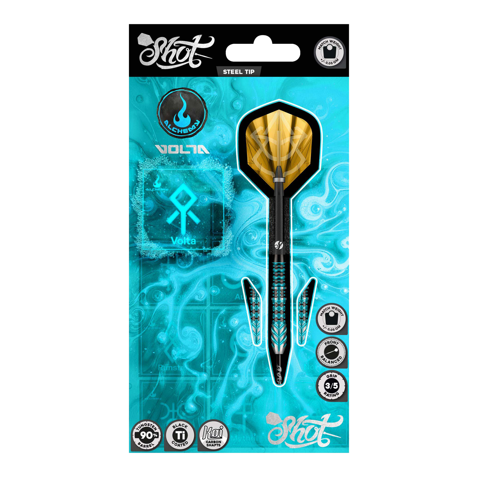 Shot Alchemy Volta Steeldarts Gezeigt werden die Shot Alchemy Volta Steeldarts. Das Produkt ist zum Spielen auf Steeldart-Scheiben geeignet.