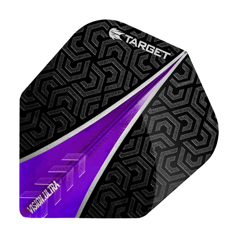 TG56_331000_Target_Vision_Ultra_Purple_No6_Flights_15SBgBCwjRRXcN Das Bild zeigt ein Target Vision Ultra Purple No6 Flight für Dartpfeile. Das Flight ist schwarz mit einem auffälligen lila Muster und geometrischem Design.