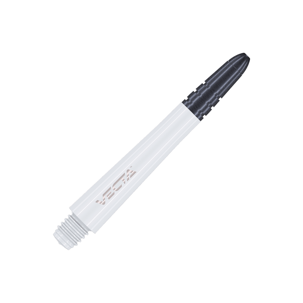 7025-202_Winmau_Vecta_Shafts_Weiss_40mm_2 Das Bild zeigt einen weißen Winmau Vecta Shaft für Darts. Der Schaft hat eine schwarze Spitze und den Schriftzug "Vecta" auf der Seite.