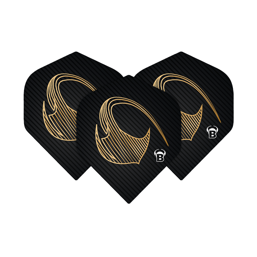 Bulls Metrixx Stingray No2 Standard Flights Das Bild zeigt drei schwarze Dart-Flights mit einem goldenen Muster und dem Buchstaben "B" in der Ecke. Es handelt sich um die Bulls Metrixx Stingray No2 Standard Flights.