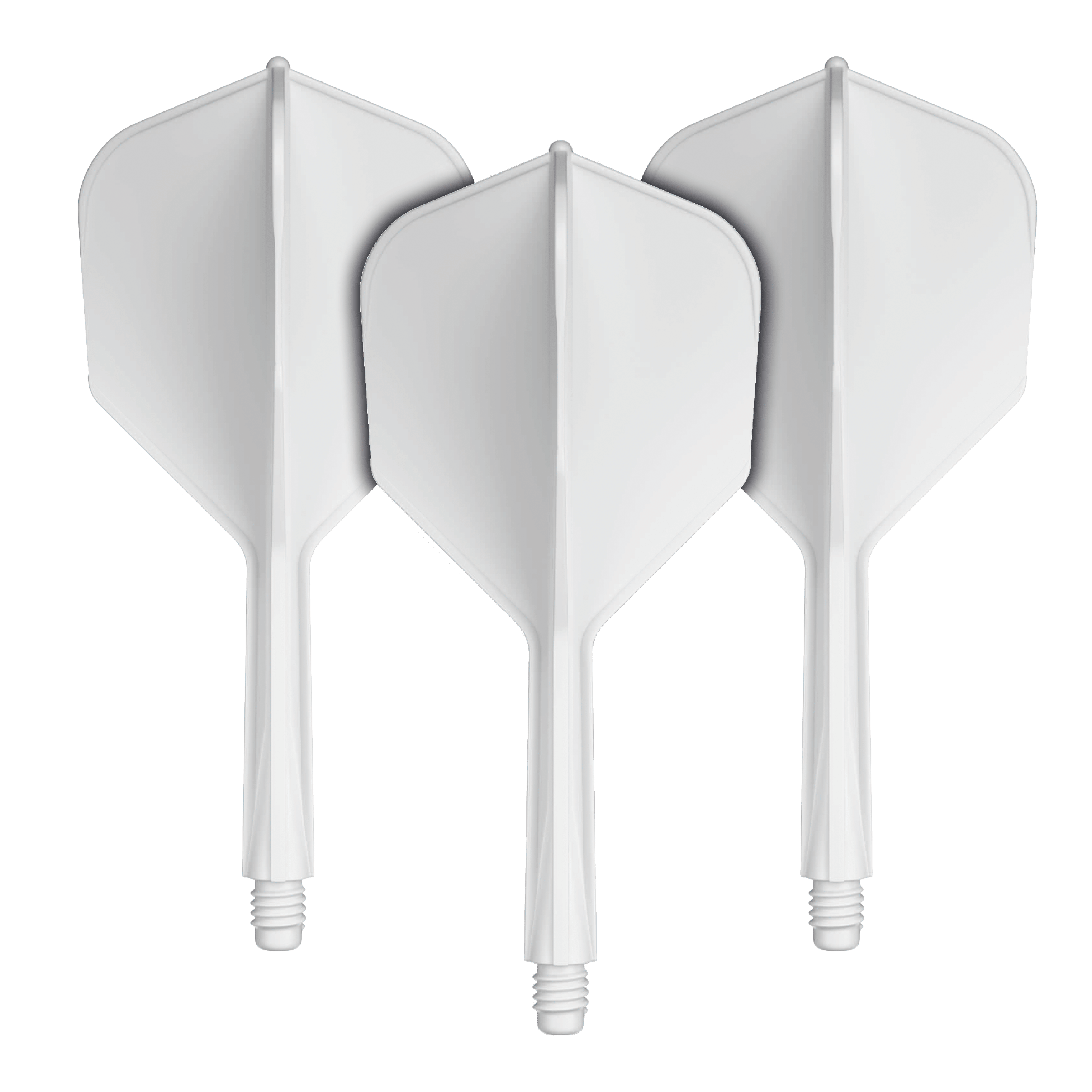 Das Bild zeigt drei weiße Dart-Flights mit Schaft. Sie sind nebeneinander angeordnet und haben ein einfaches, modernes Design.