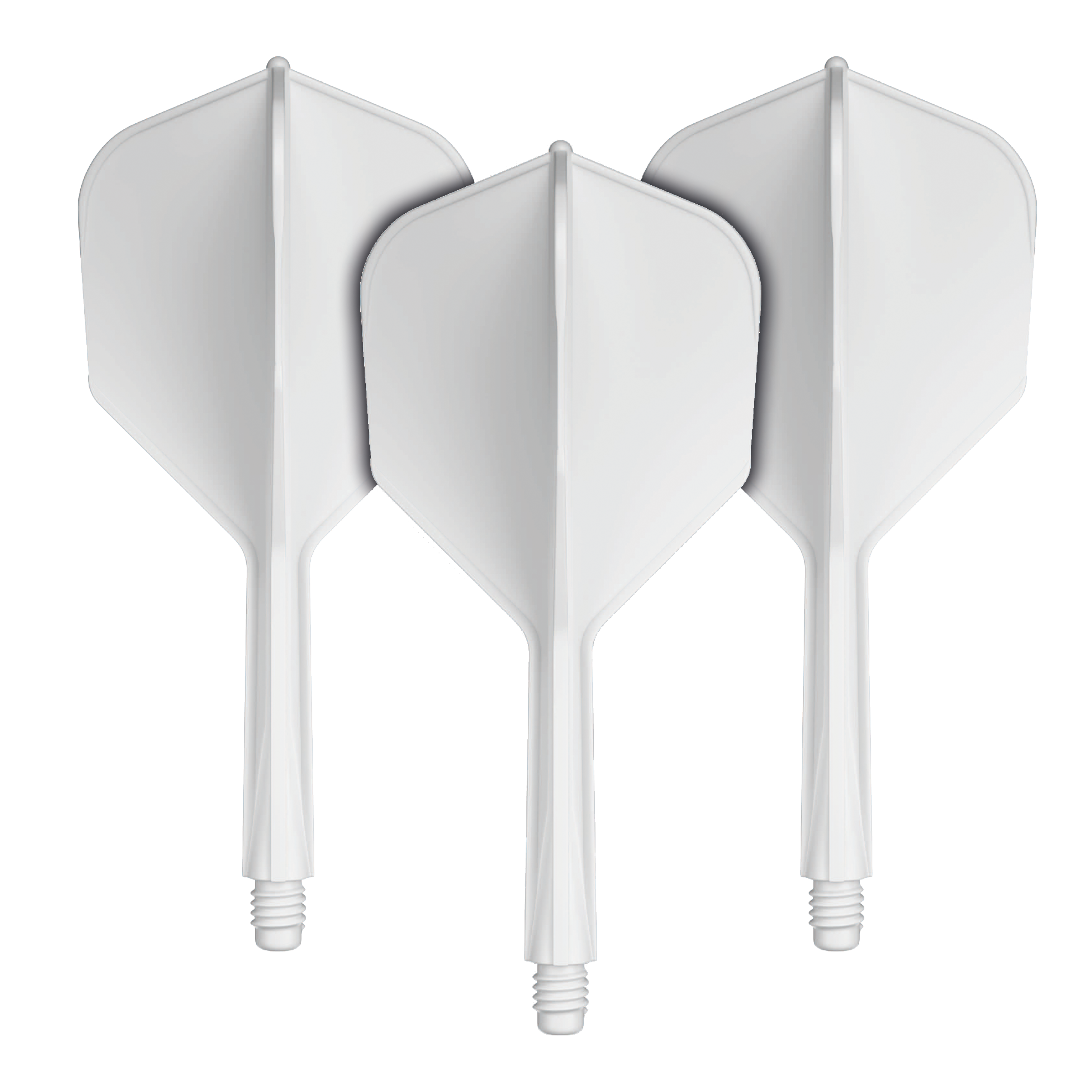 GOAT A1R No6 Flight-Shaft-System - Weiß Das Bild zeigt drei weiße Dart-Flights mit Schaft. Sie sind nebeneinander angeordnet und haben ein einfaches, modernes Design.