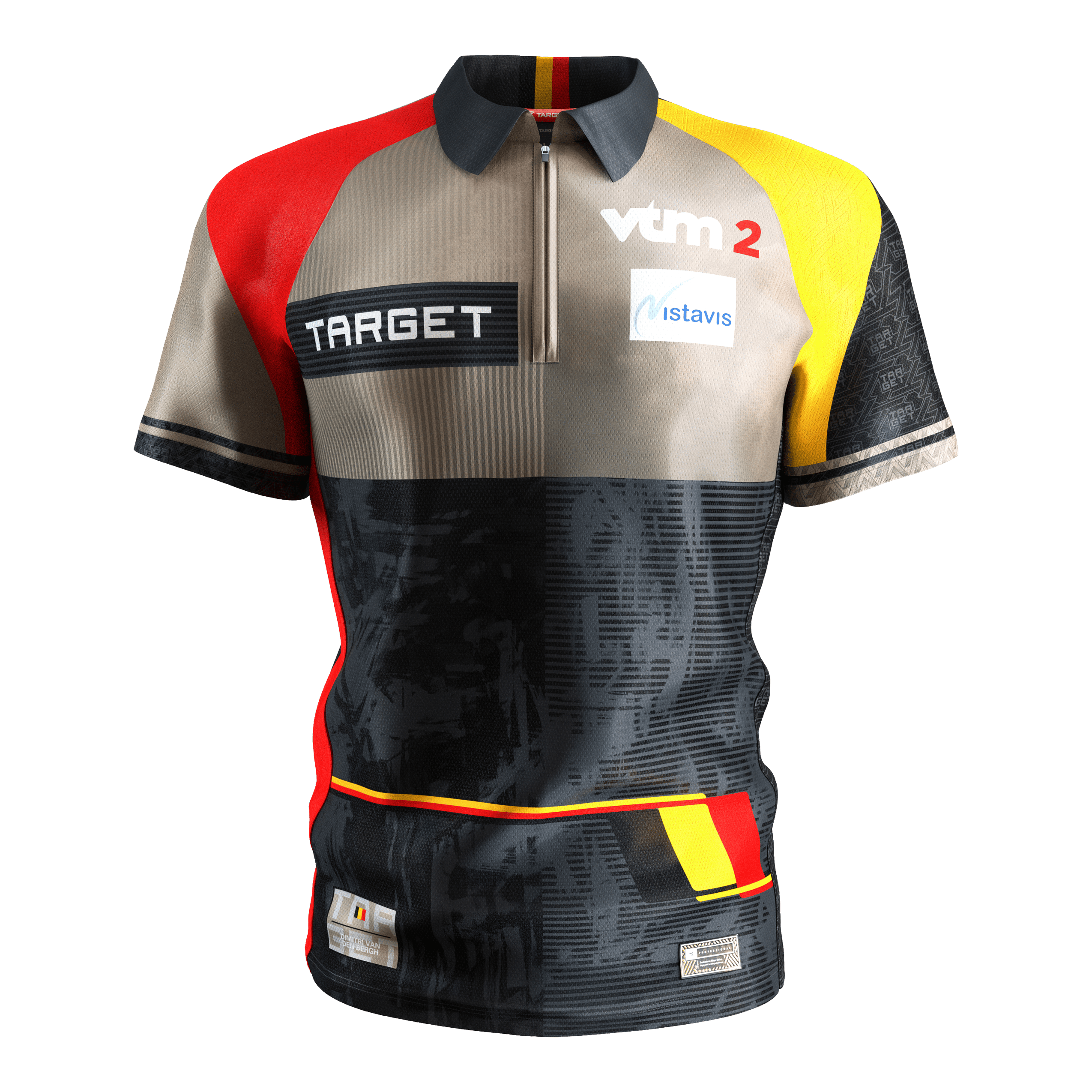 Target Coolplay Dimitri Van Den Bergh 2025 Dartshirt Das Bild zeigt das "Target Coolplay Dimitri Van Den Bergh 2025 Dartshirt". Das Shirt ist bunt gestaltet mit den Farben Schwarz, Rot, Gelb und Beige und trägt mehrere Sponsorenlogos.