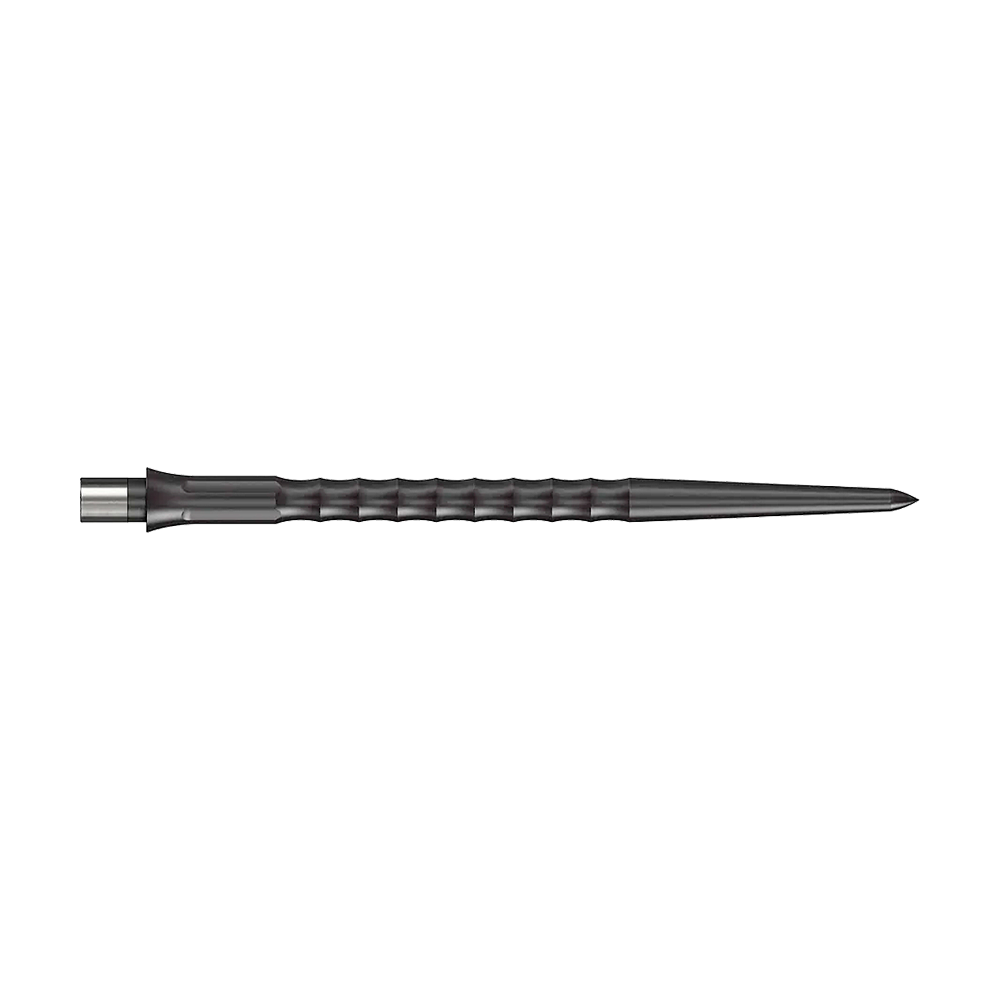 Das Bild zeigt Steeldartspitzen des Caliburn Evo Systems in Schwarz, 40 mm lang. Zwei Spitzen sind sichtbar, die Oberfläche ist geriffelt ohne Lippe.