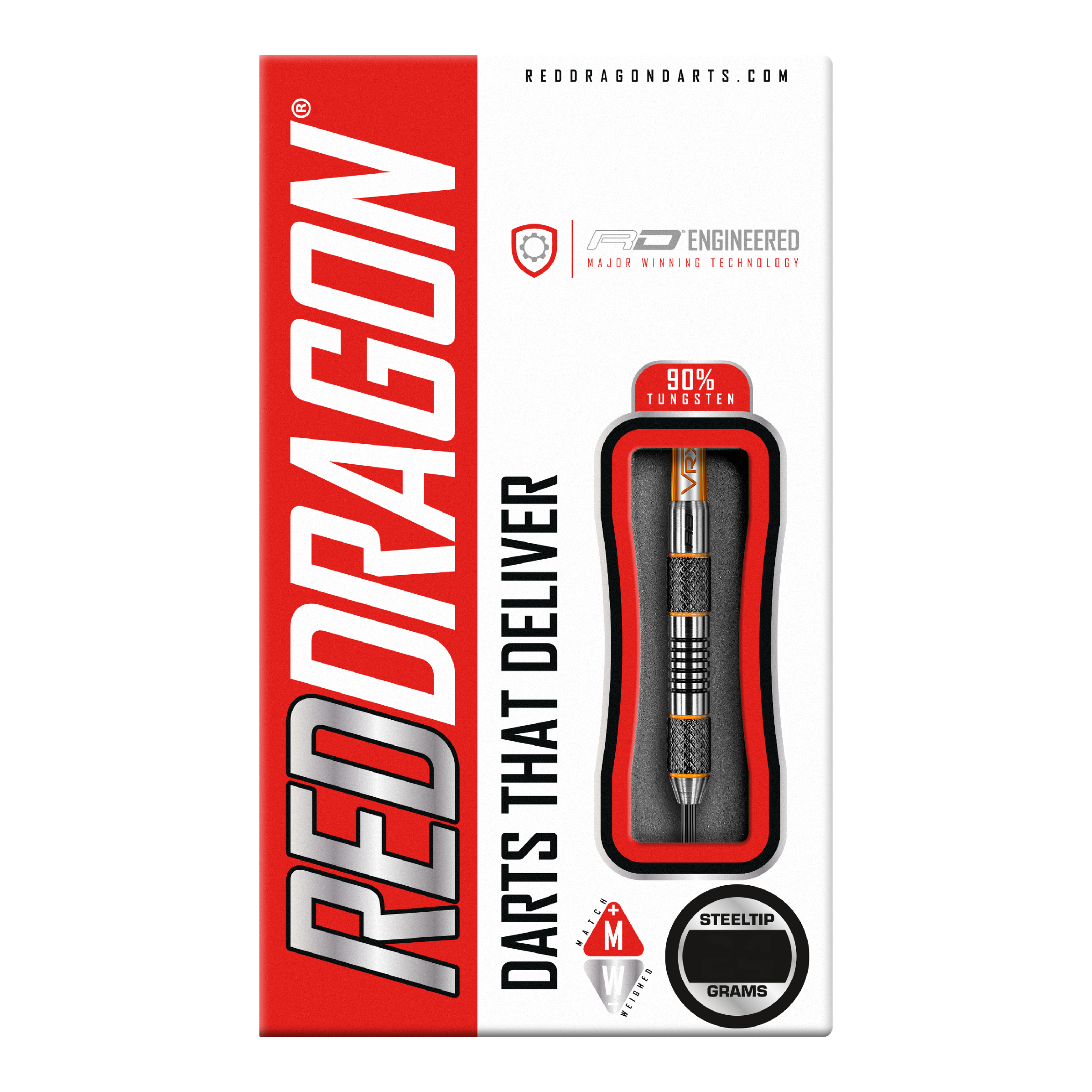 Red Dragon Amberjack 5 Steeldarts - 24g Die Abbildung zeigt die Verpackung der "Red Dragon Amberjack 5 Steeldarts - 24g". Auf der Packung sind ein sichtbarer Dartpfeil und die Aufschrift "Darts That Deliver" zu sehen.