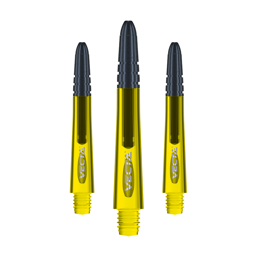 7025-406_Winmau_Vecta_Shafts_Gelb_37mm_1 Das Bild zeigt drei gelbe Winmau Vecta Shafts für Dartpfeile. Die Shafts haben schwarze Spitzen und das Wort "Vecta" ist auf ihnen zu sehen.