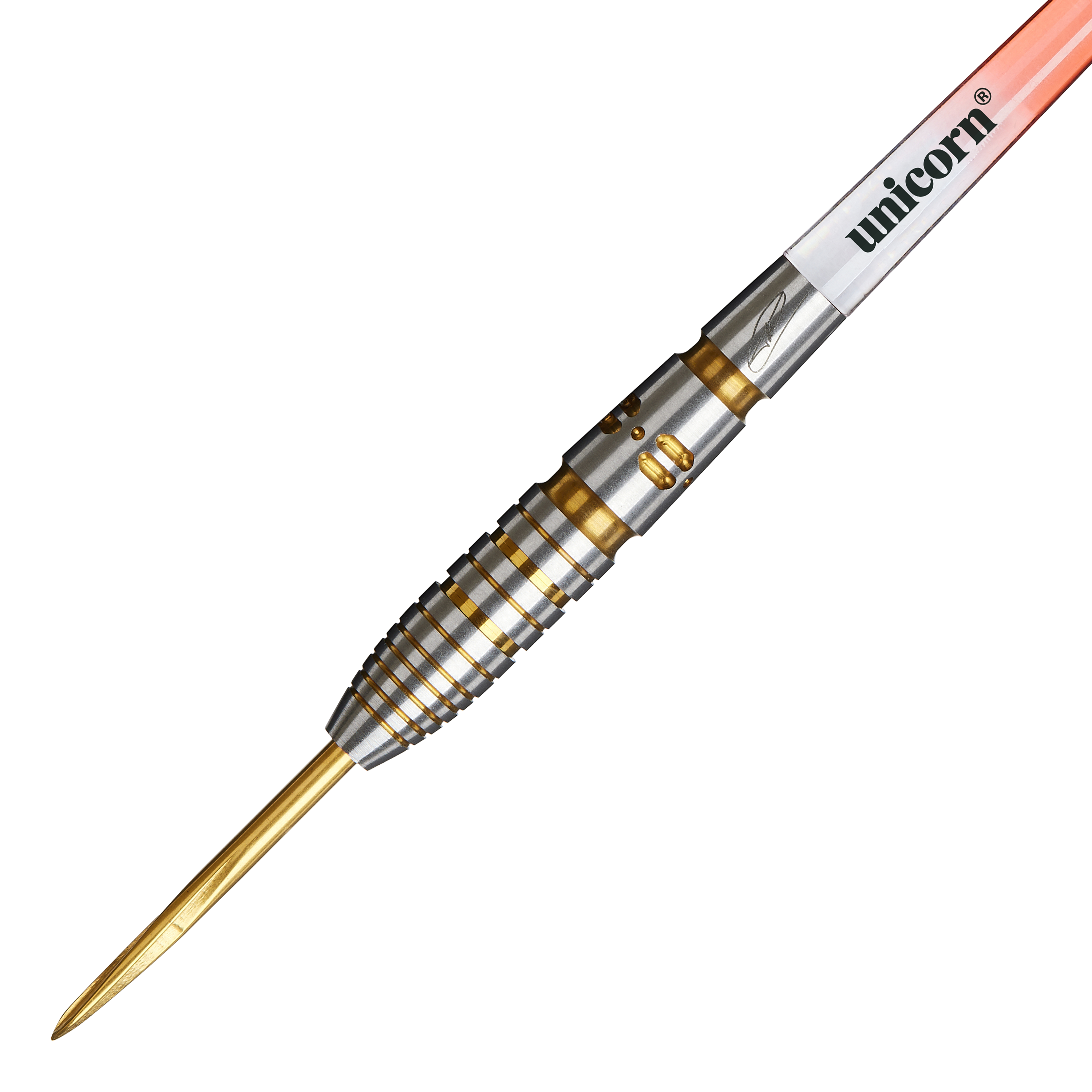 Auf dem Bild ist ein Unicorn Contender Tim Wolters Steeldart mit einem Gewicht von 24g zu sehen. Der Dartpfeil hat silberne und goldene Rillen sowie eine goldene Spitze.