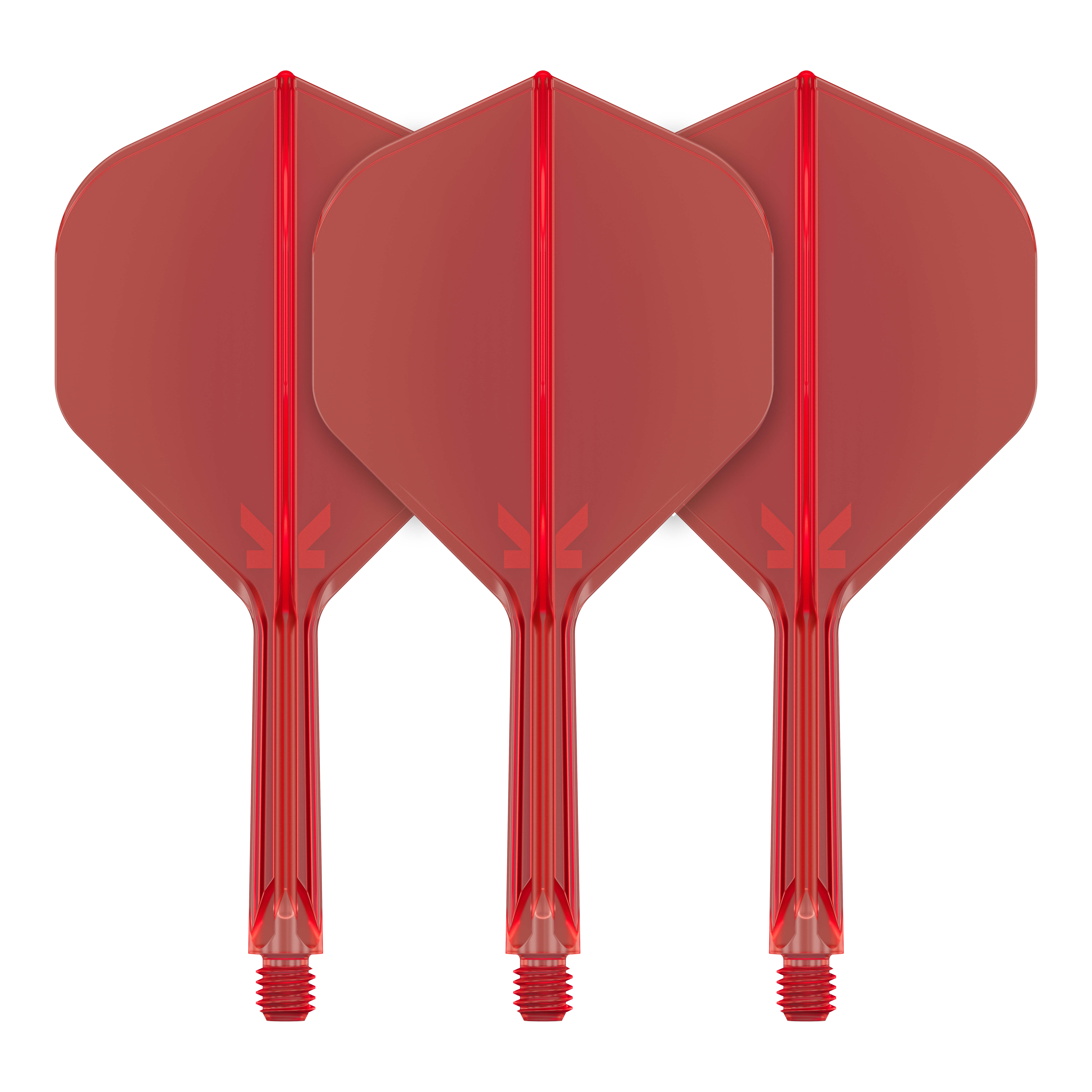 Auf dem Bild sind drei rote Dartflights mit integrierten Schäften zu sehen. Sie stehen nebeneinander in einer aufrechten Position.