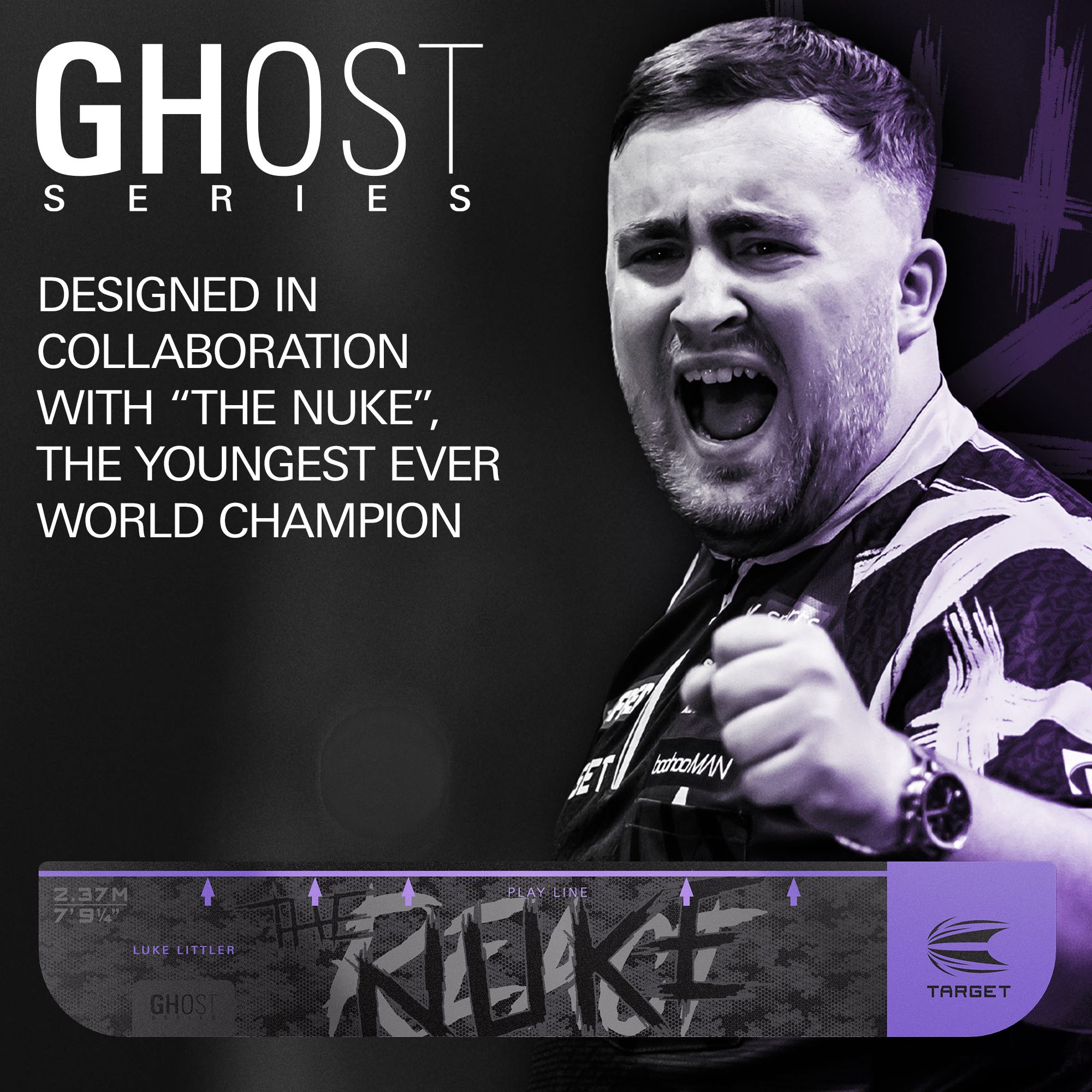 Zu sehen ist die Target Throw Line Ghost-Series Luke Littler Abwurflinie. Diese Abwurflinie dient als Markierung für präzises Dartspiel.