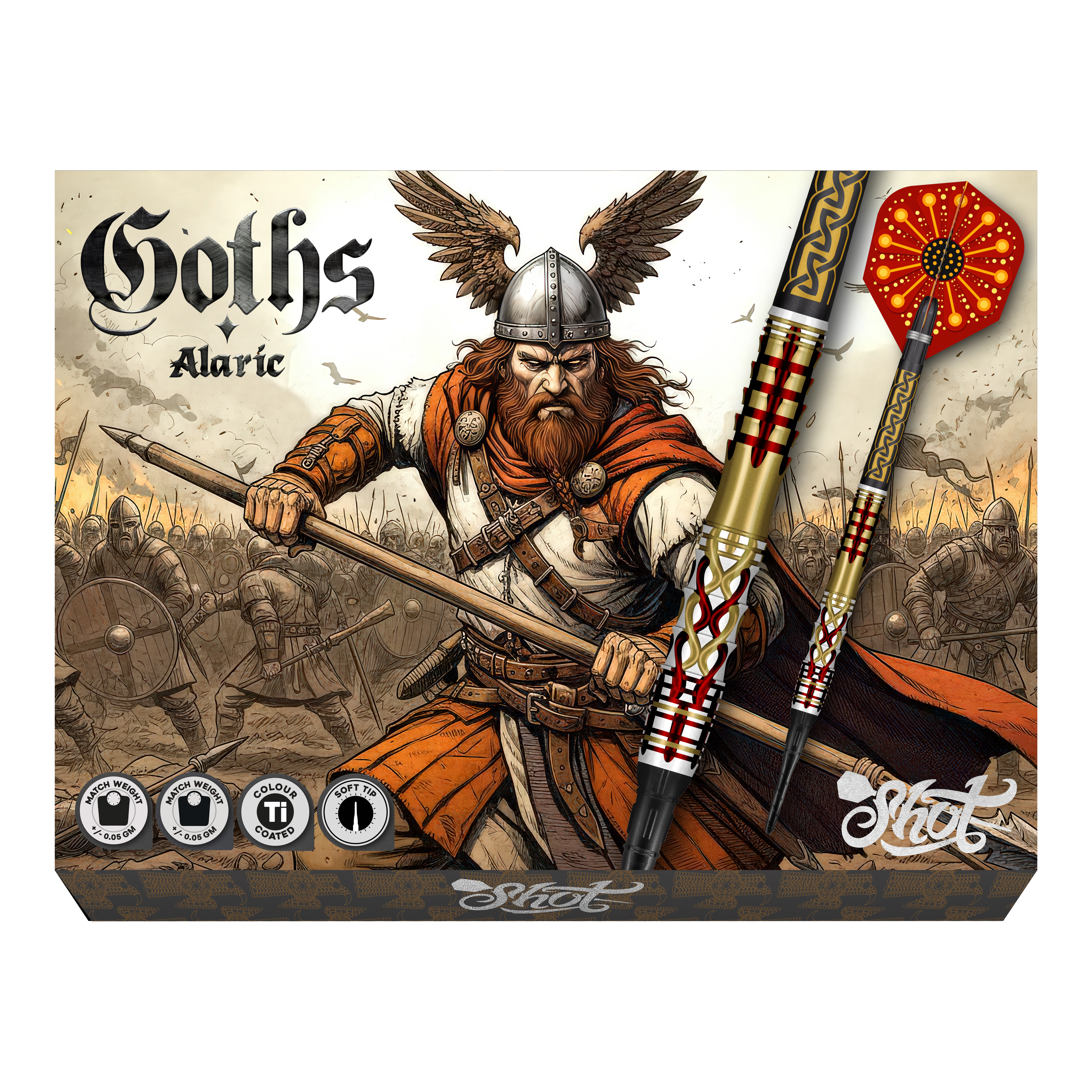 Abgebildet sind Shot Goths Alaric Softdarts mit einem Gewicht von 20g. Die Darts eignen sich perfekt für das Softdart-Spiel.