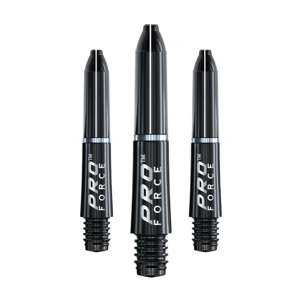 Das Bild zeigt drei schwarze Winmau Pro-Force Shafts für Dartpfeile. Auf den Schäften steht in weißer Schrift "PRO FORCE".