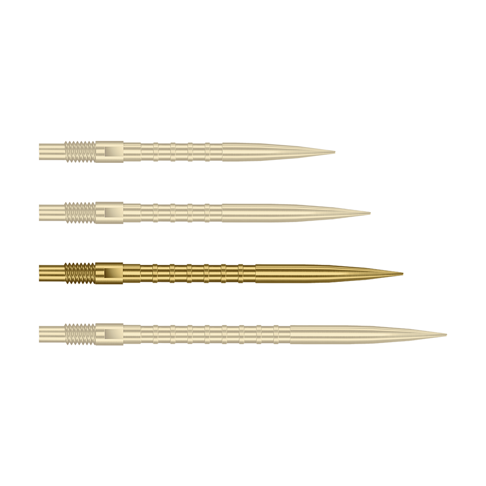 Harrows Quick Point Heavy Metal Dartspitzen - Gold Dieses Bild zeigt eine goldene Harrows Quick Point Dartspitze mit Heavy Metal Grip, 35 mm lang. Die Spitze ist einzeln aus nächster Nähe abgebildet.