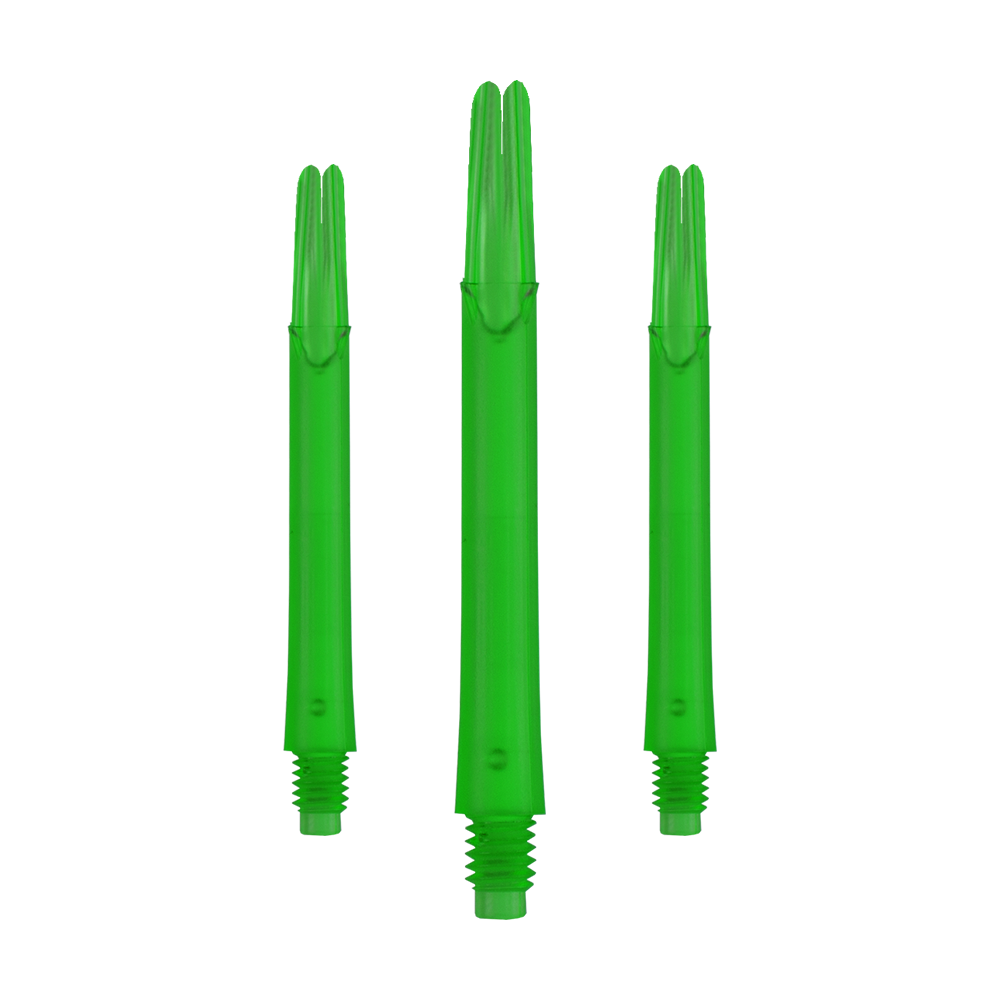 L-Style L-Shafts Locked Straight - Green 330 Auf dem Bild sind drei grüne, gerade Dartschäfte zu sehen. Sie sind jeweils unten mit einem Gewinde versehen und stehen nebeneinander.