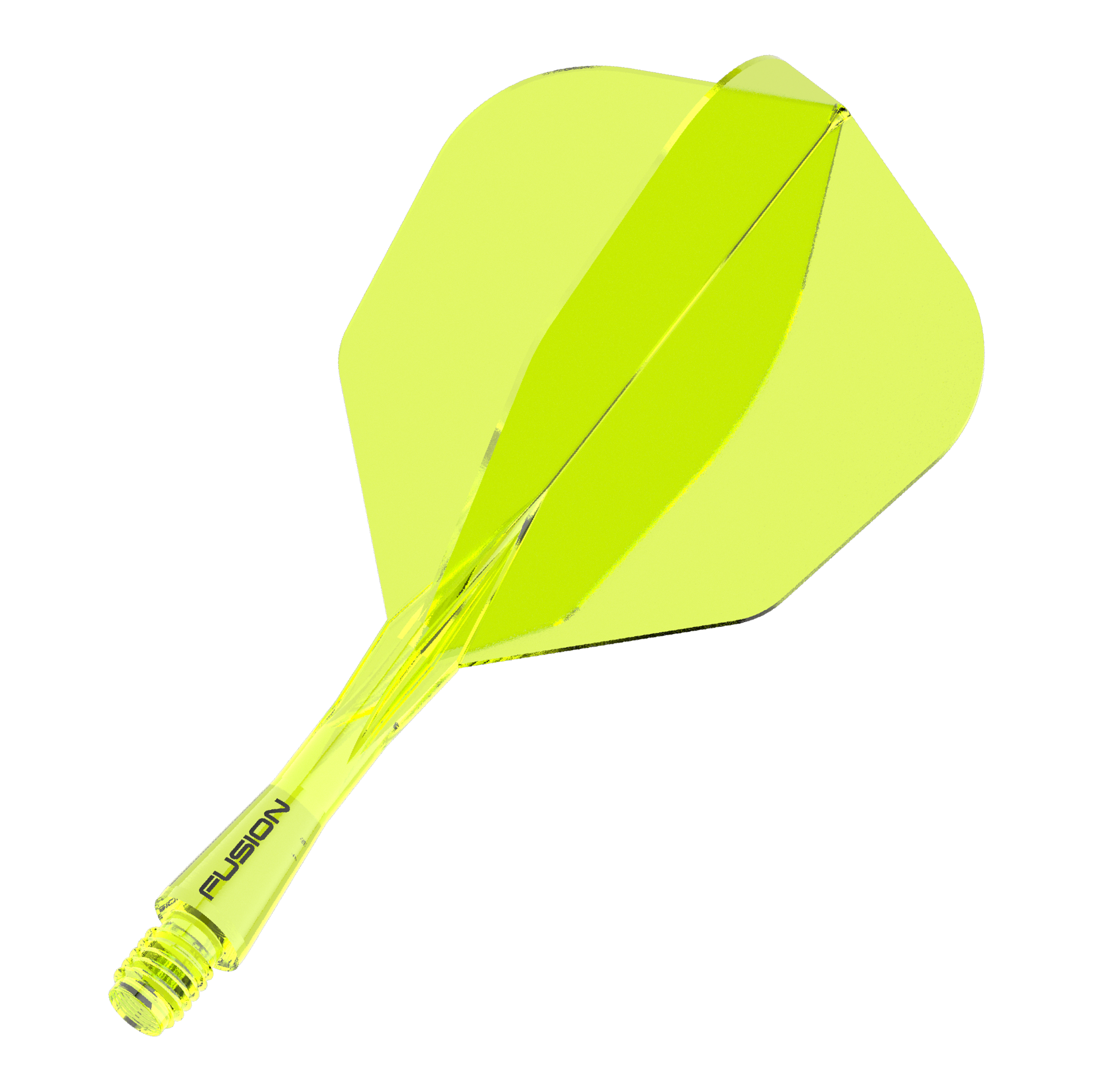 Das Bild zeigt ein neon-gelbes Dartflight- und Shafts-System. Auf dem Schaft steht das Wort "FUSION".
