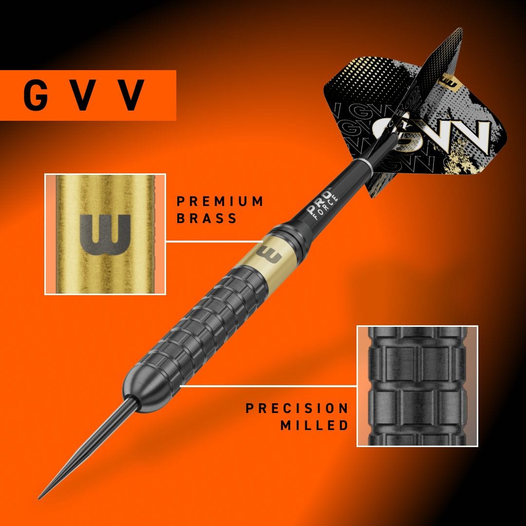 Abgebildet sind Winmau Gian Van Veen Core Brass Steeldarts mit 21 Gramm. Das Foto zeigt den Dartpfeil in voller Länge.