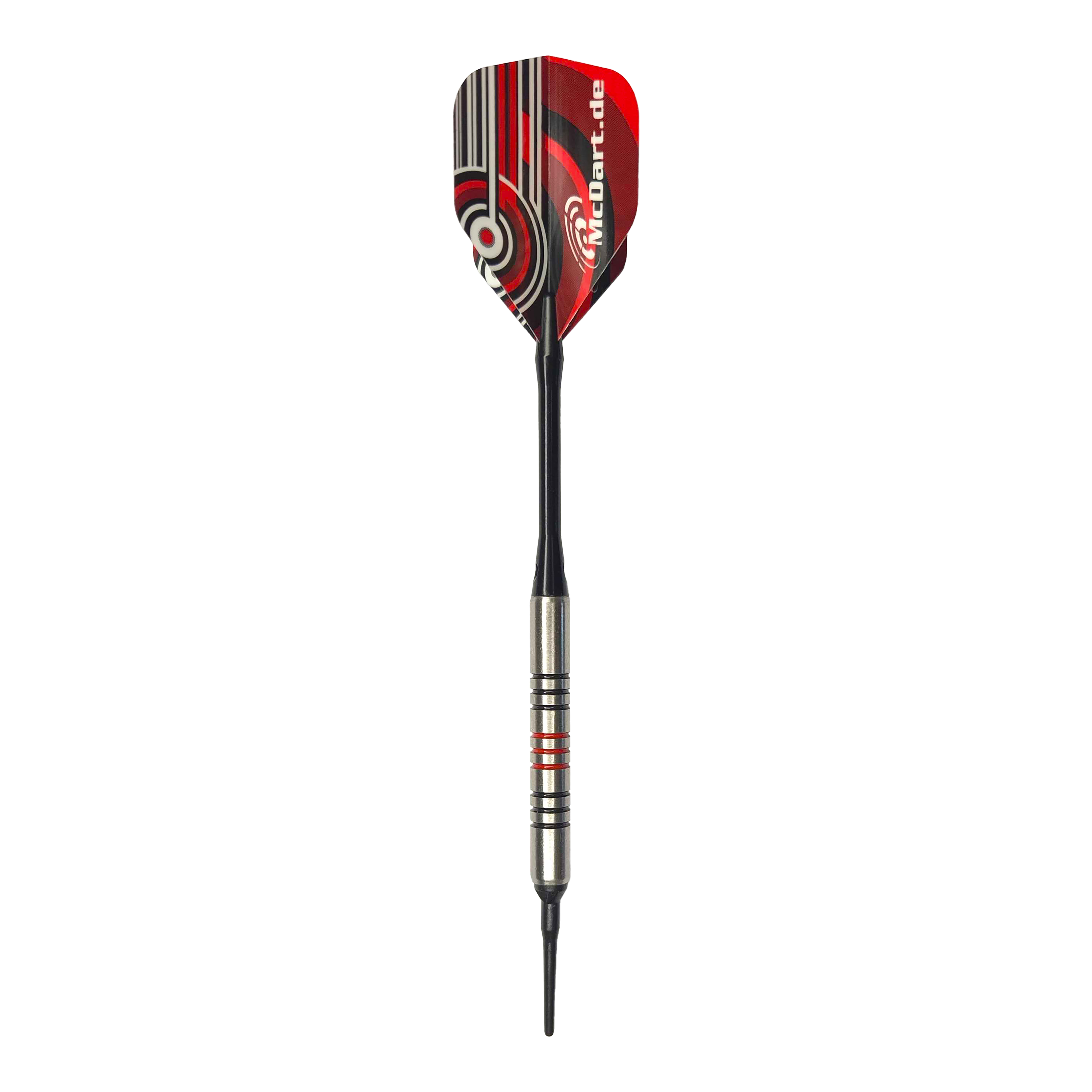 McDart 85er Tungsten V11 Softdarts - 17,5g Dies ist ein McDart 85er Tungsten V11 Softdart mit einem Gewicht von 17,5g. Der Dart hat ein silbernes Barrel mit schwarzen und roten Ringen sowie ein rot-schwarzes Flight-Design.