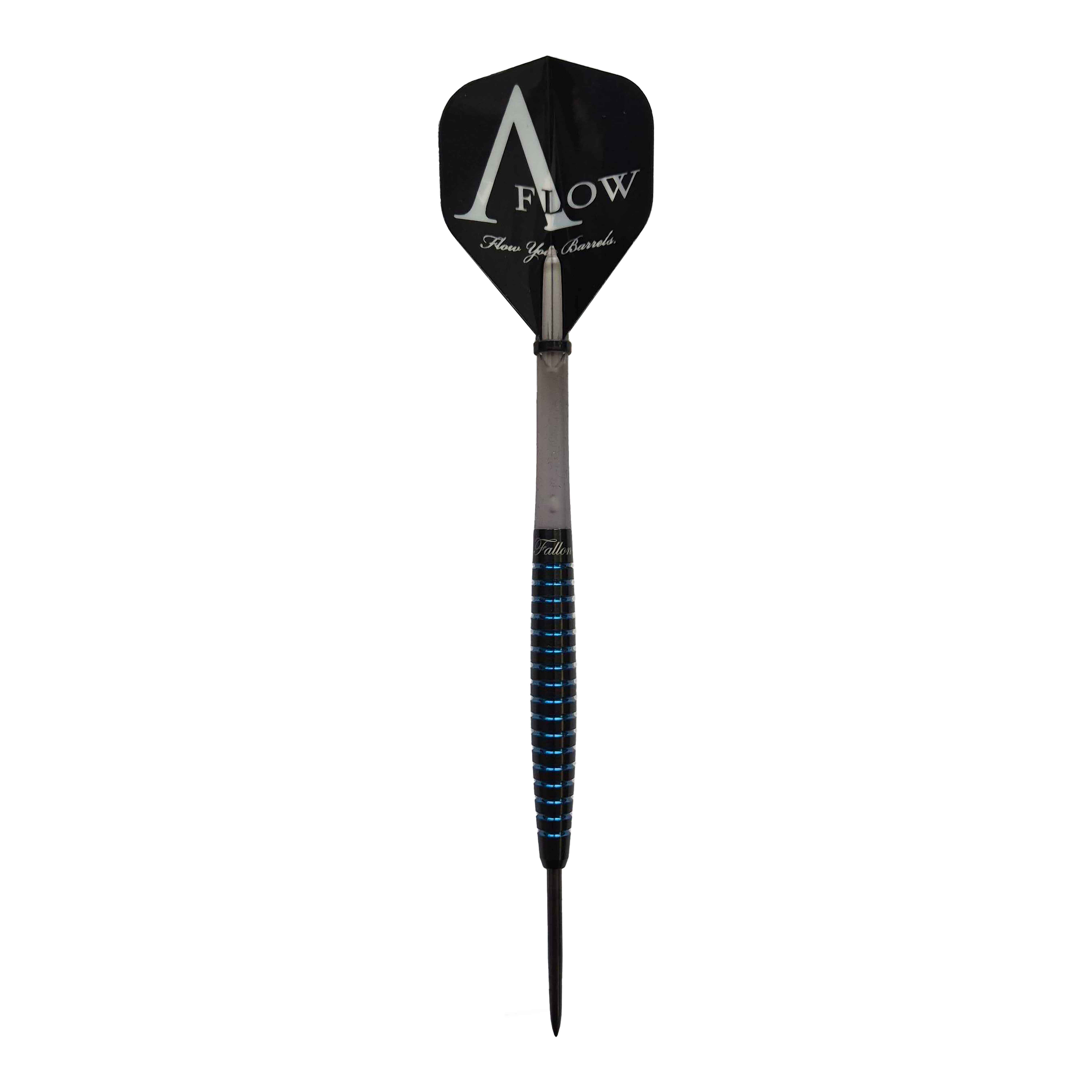 Dynasty Fallon Sherrock 4 AFlow BK Steeldarts - Mit Autogramm - 23g Das Bild zeigt einen Steeldart der Marke Dynasty, Modell Fallon Sherrock 4 AFlow BK mit Autogramm und einem Gewicht von 23g. Der Dart hat auffällige blaue Rillen am Griff und ein schwarzes Flight mit der Aufschrift "AFlow".