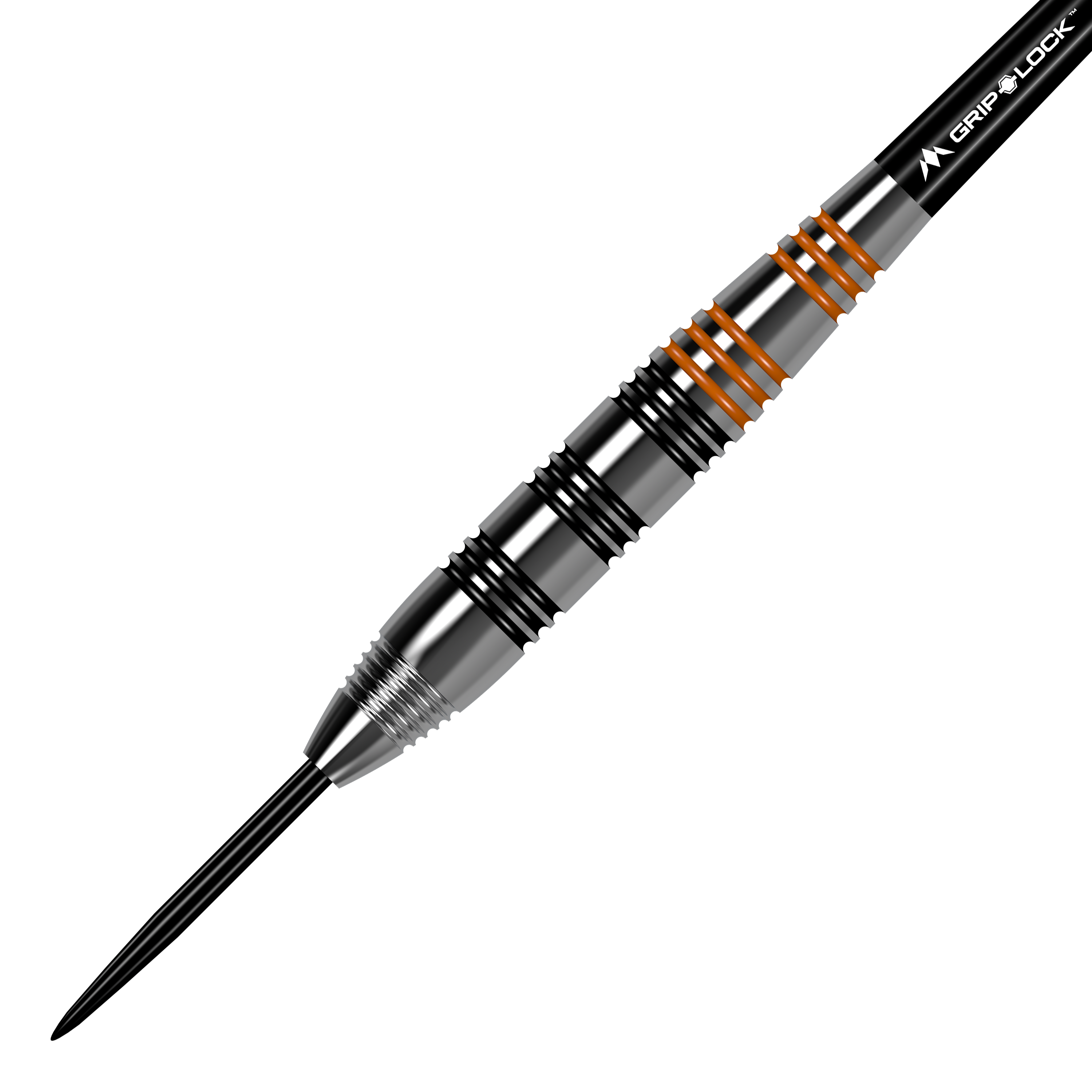 Mission Javan Brass Steeldarts - 22g Das Bild zeigt einen Mission Javan Brass Steeldart mit einem Gewicht von 22 Gramm. Der Dart hat silberne und schwarze Rillen sowie einige orangefarbene Ringe am Griff.