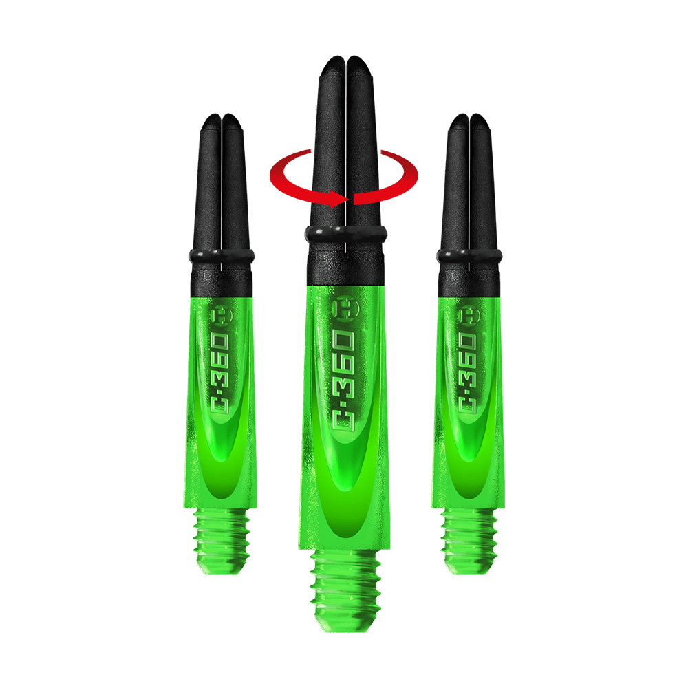 HR452_Harrows_Carbon_360_Shafts_Gr-n_35mm_1-_Symbol Auf dem Bild sind drei grüne Harrows Carbon 360 Shafts zu sehen. Sie sind für Dartpfeile und haben schwarze Oberteile.