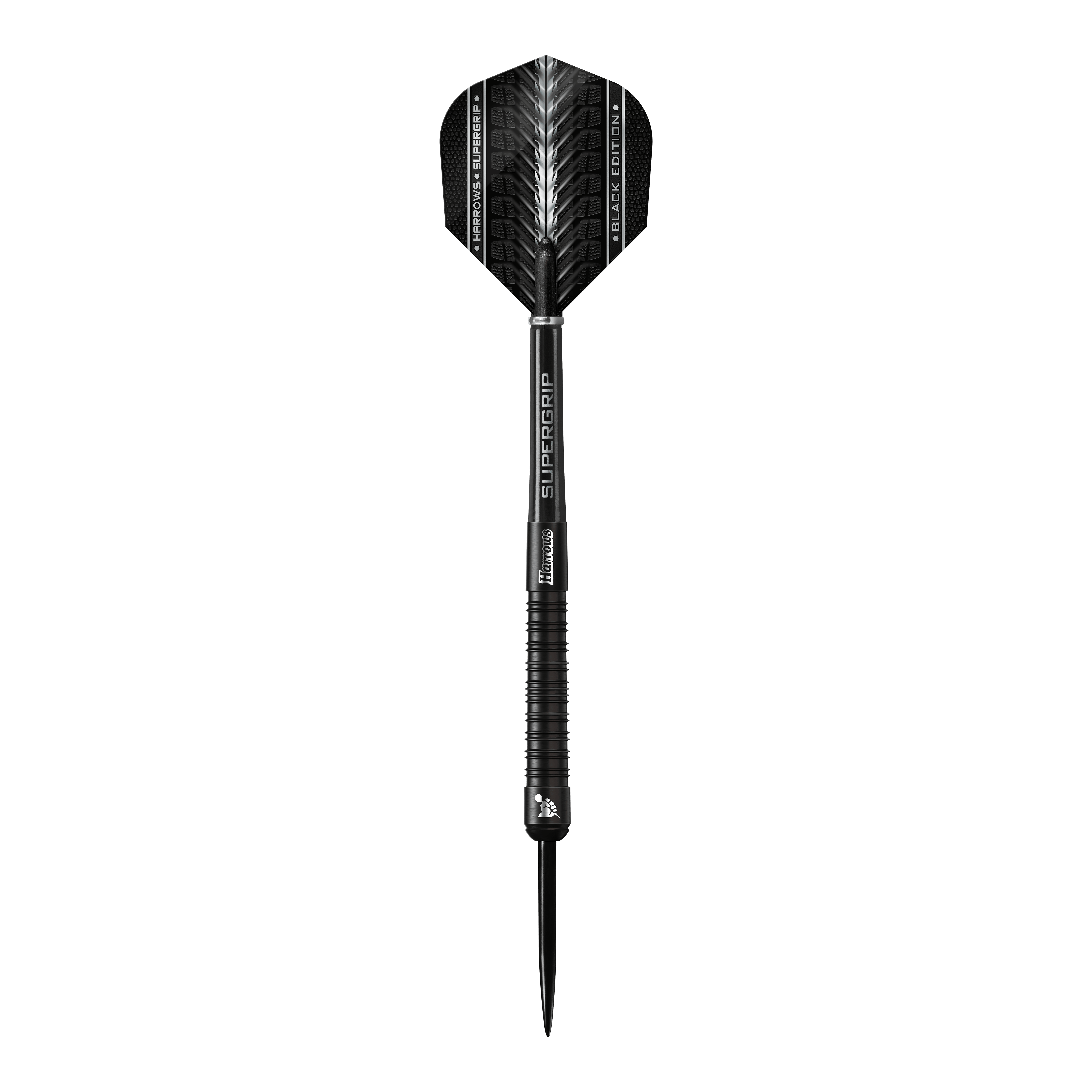 Harrows Supergrip Black-Edition Steeldarts Das Bild zeigt einen schwarzen Steeldart der Marke Harrows Supergrip Black-Edition. Der Dart hat ein elegantes, komplett schwarzes Design mit feinen silbernen Akzenten.