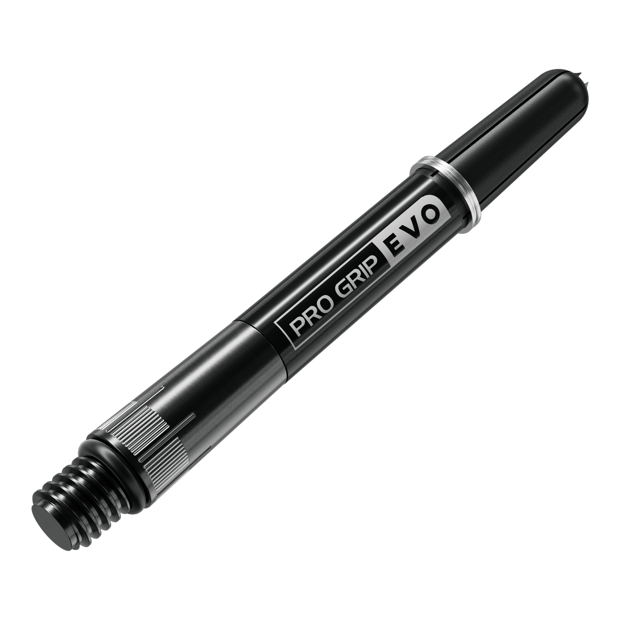 Dies ist ein schwarzer Dart-Schaft mit der Aufschrift "PRO GRIP EVO". Er besteht aus Metall und hat ein glänzendes Finish.