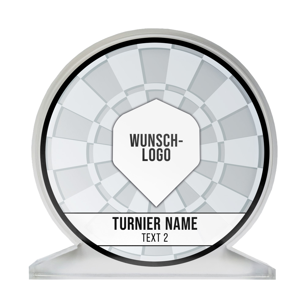 ACP-Weiss_Acrylglas_Pokal_mit_Wunschdruck_Logo_Weiss_1 Dies ist ein runder Acrylglas-Pokal mit einem modernen, geometrischen Design. In der Mitte steht "WUNSCH-LOGO" und darunter ist Platz für den Turniernamen und weiteren Text.