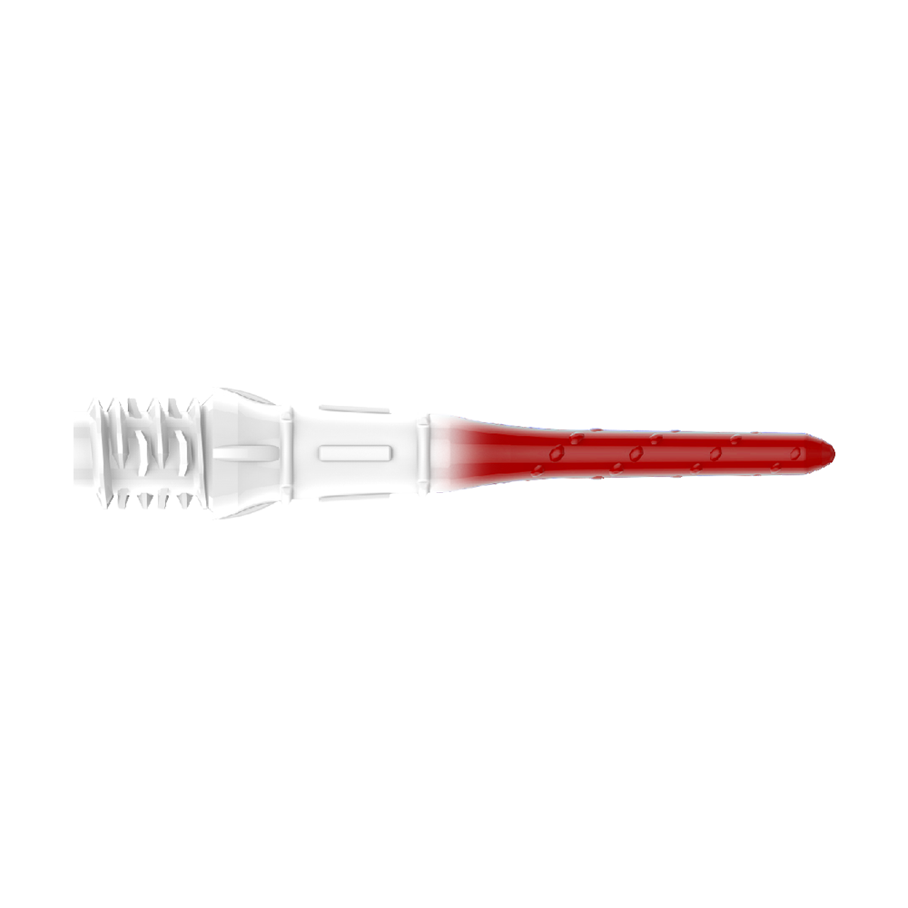L-Style Premium Lippoint Gradiation Dartspitzen (30er Pack) Das Bild zeigt eine Dartspitze mit einem Farbverlauf von Weiß zu Rot. Die Spitze hat ein gezacktes Gewinde auf der linken Seite und ist glatt auf der rechten Seite.