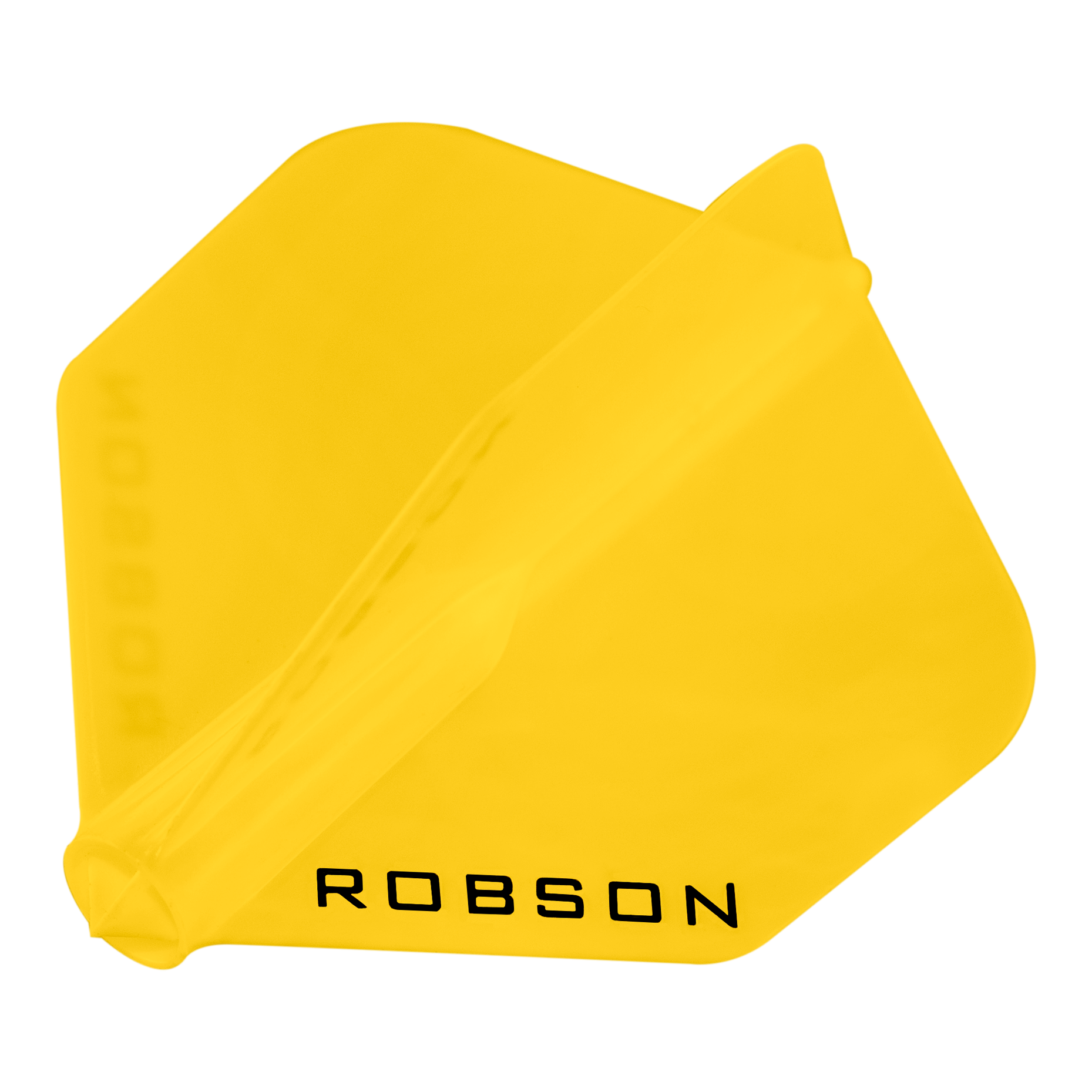 Das Bild zeigt ein gelbes Dart-Flight mit der Aufschrift "ROBSON". Das Flight hat eine klassische No6-Form und besteht aus Kunststoff.