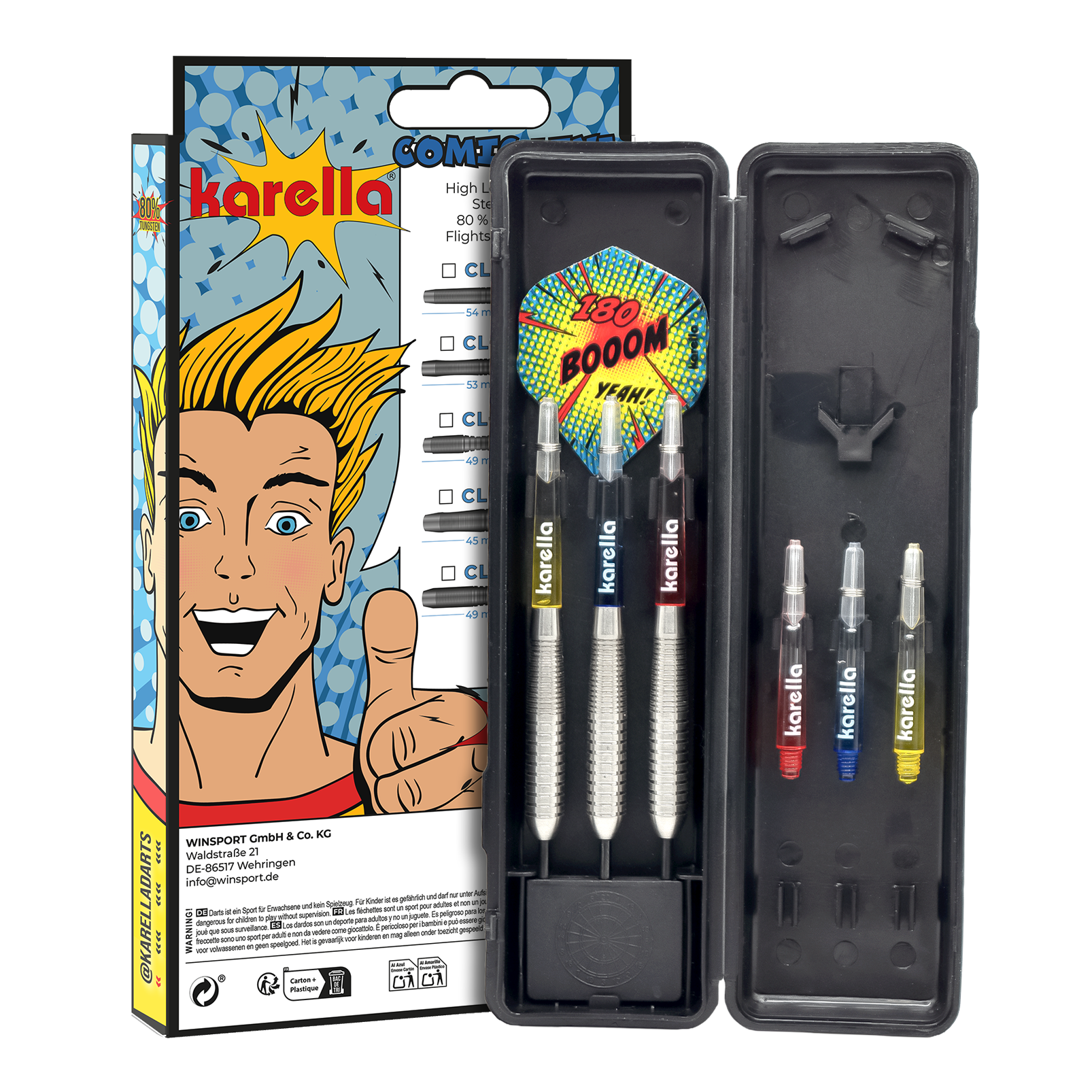 Karella Comic Line CL-4 Steeldarts - 23g Abgebildet sind die Karella Comic Line CL-4 Steeldarts - 23g. Die Darts haben ein modernes Design und eine spezielle Gewichtsverteilung.