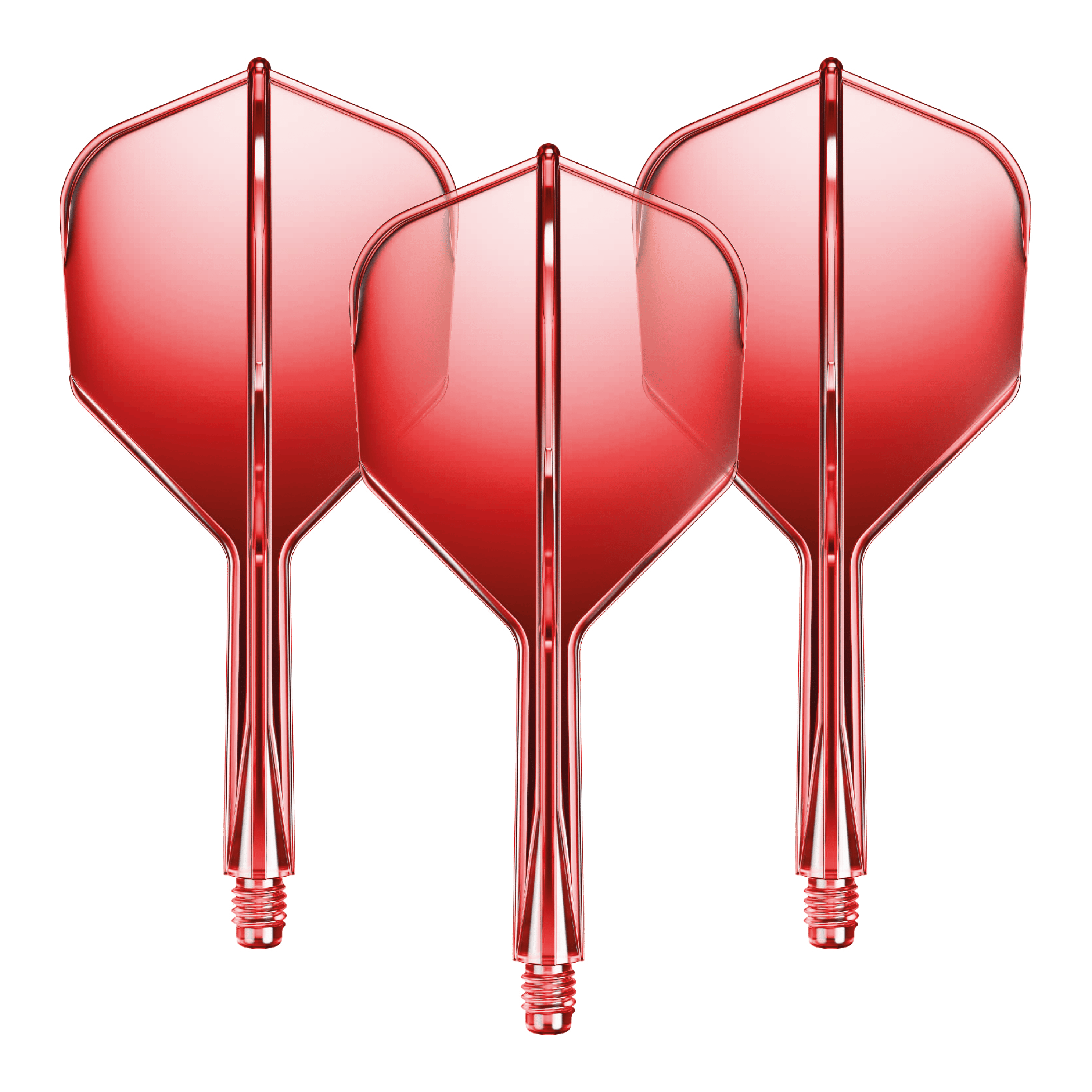 Auf dem Bild sind drei rote Dartflights mit integrierten Schäften zu sehen. Sie stehen nebeneinander und haben einen glänzenden, einheitlichen Look.