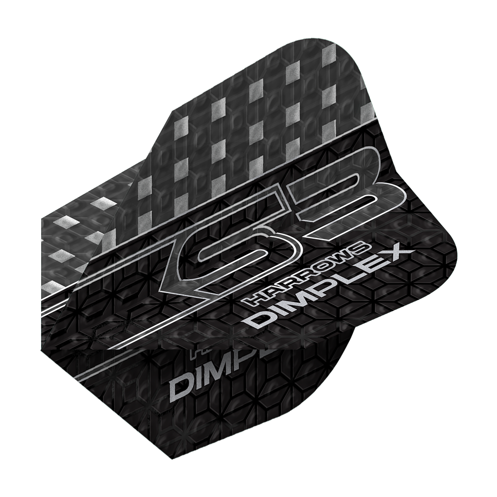 Harrows Dimplex S3 Flights - Smokey Das Bild zeigt ein Dart-Flügel mit dem Namen "Harrows Dimplex S3 Flights - Smokey". Das Design ist überwiegend schwarz mit silbernen Mustern und Schriftzügen.