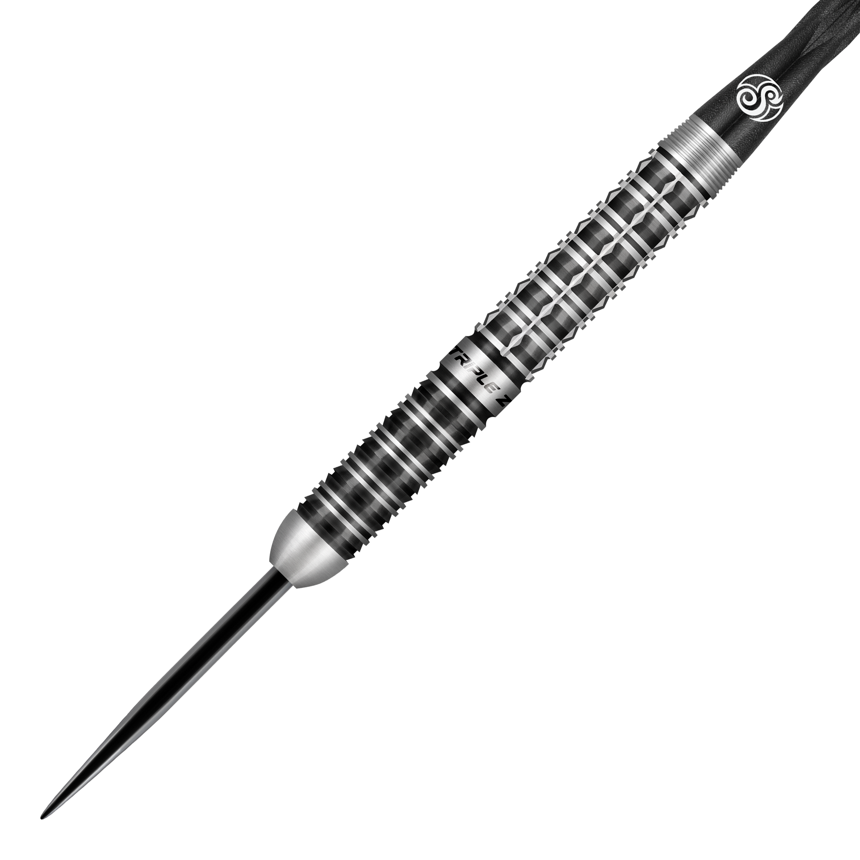 Shot Niels Zonneveld V2 Steeldarts Das Bild zeigt einen Shot Niels Zonneveld V2 Steeldart. Der Dart hat ein silber-schwarzes, geriffeltes Design für besseren Halt.