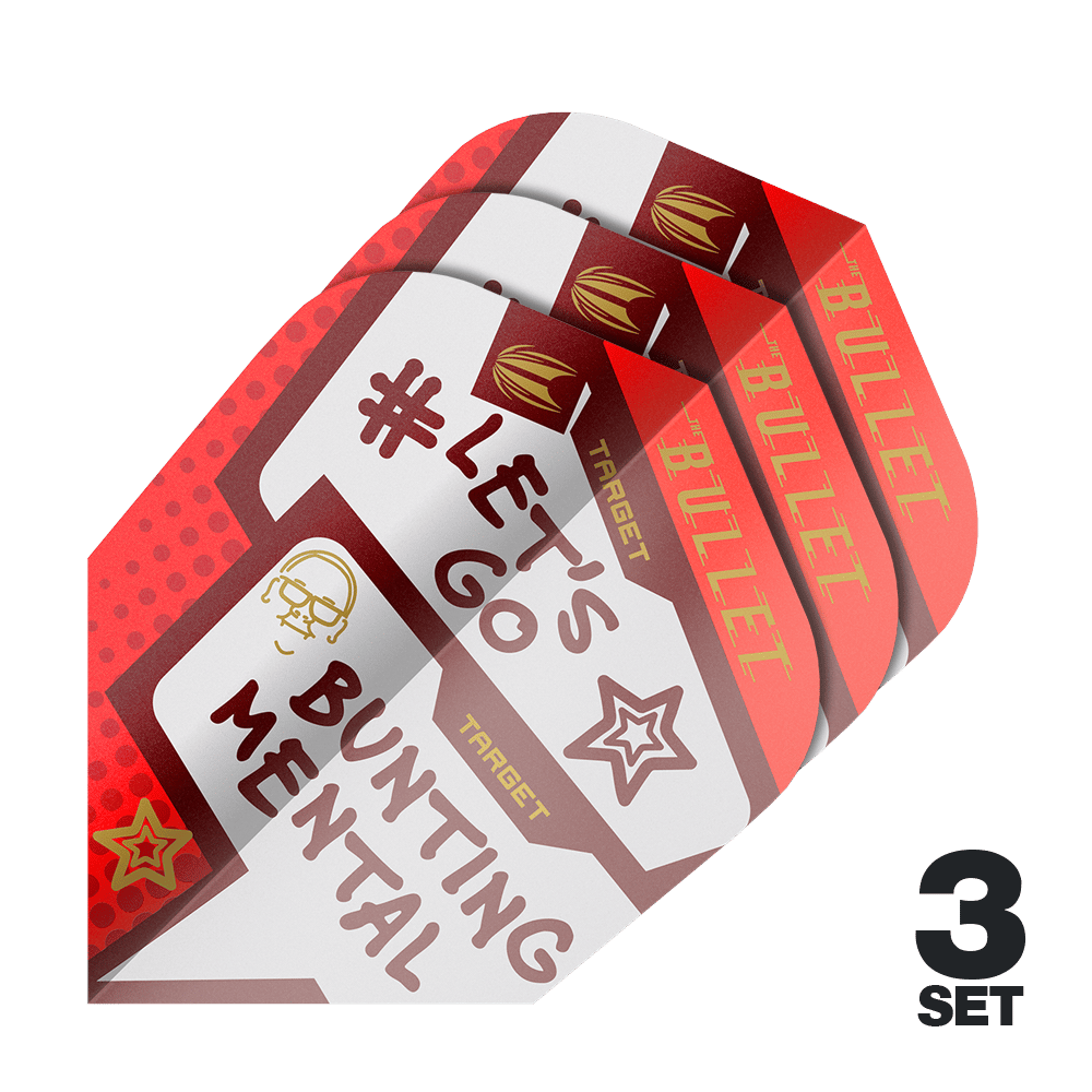 Das Bild zeigt drei Sätze Target Pro Ultra Stephen Bunting Mental Ten-X Flights für Darts. Auf den Flights steht "#LET'S GO BUNTING MENTAL" und sie sind in Rot- und Weißtönen gestaltet.
