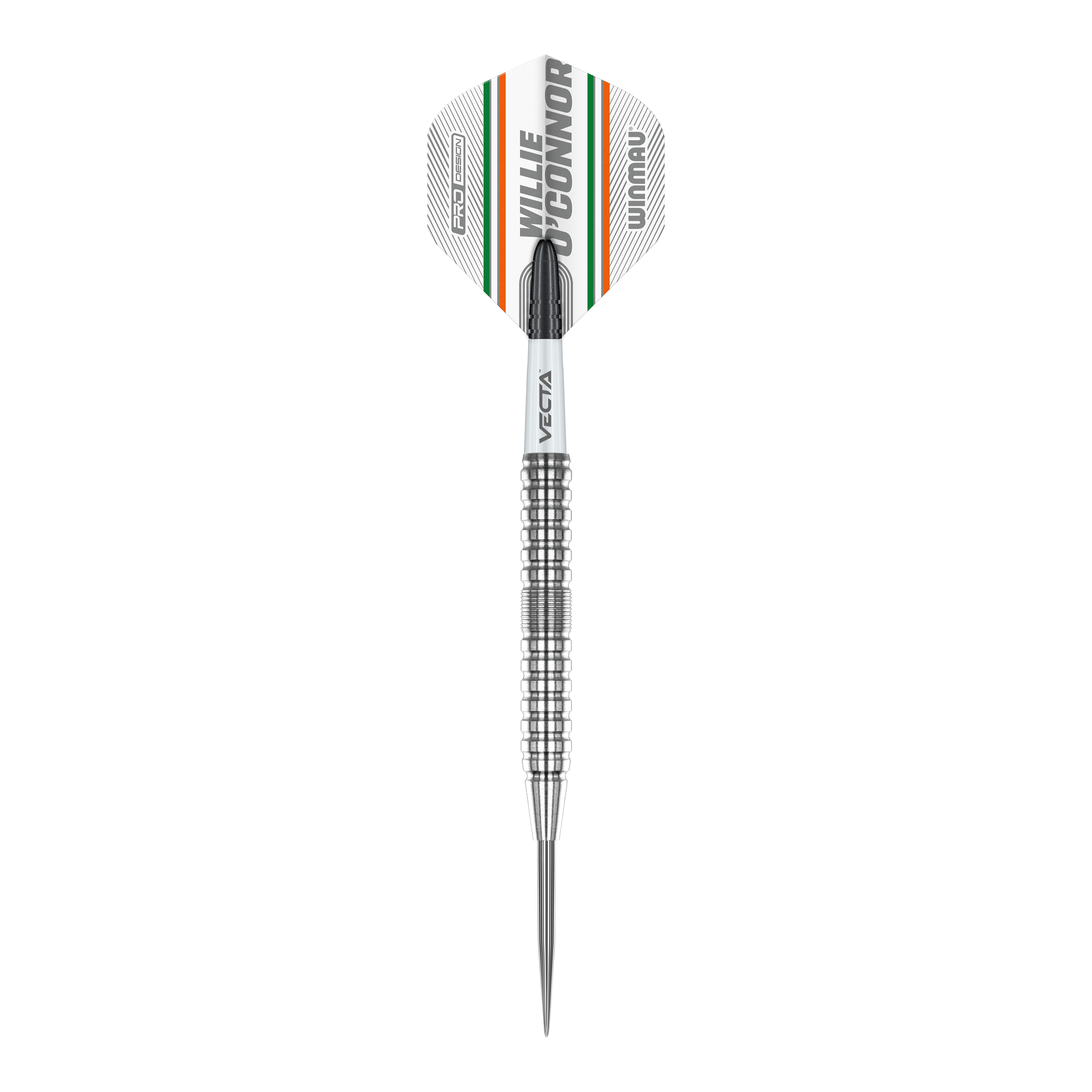 Winmau Willie OConnor Steeldarts - 23g Das Bild zeigt einen Winmau Willie O'Connor Steeldart mit 23g Gewicht. Der Dart hat ein silbernes, geriffeltes Barrel und ein Flight mit orangenen, grünen und schwarzen Streifen.