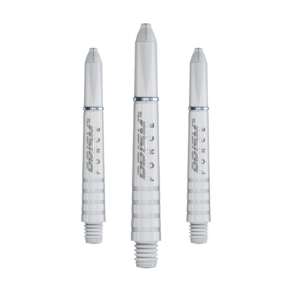 7020-102_Winmau_Prism_Force_Shafts_Weiss_35mm_1 Auf dem Bild sind drei weiße Dartschäfte mit der Aufschrift "Prism Force" zu sehen. Sie sind unterschiedlich lang und stehen nebeneinander auf weißem Hintergrund.