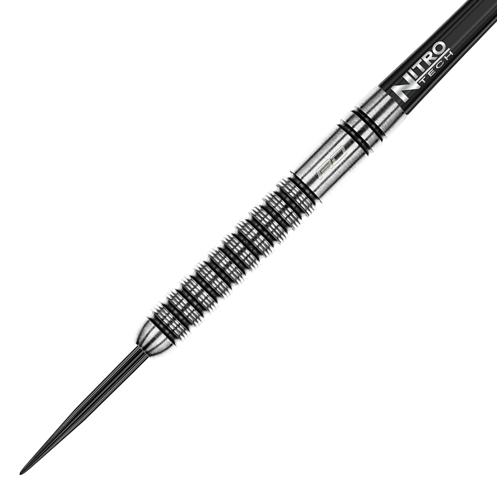 RD2554_Red_Dragon_Gian_Van_Veen_Steeldarts_2 Das Bild zeigt einen Red Dragon Gian Van Veen Steeldart mit einem Gewicht von 21g. Der Dart ist silberfarben mit schwarzem Griffmuster und besitzt einen „Nitro Tech“-Schaft.