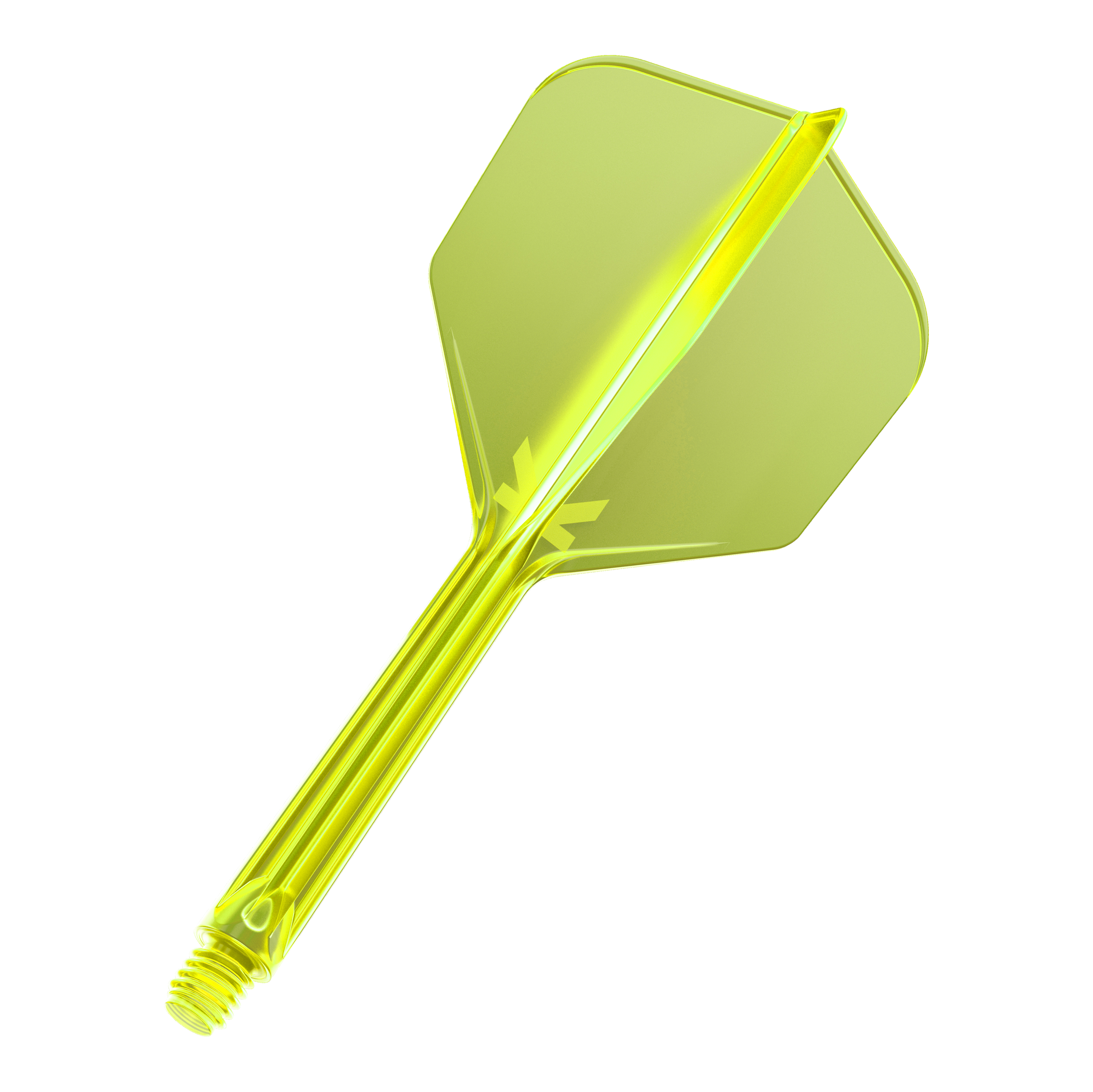 Das Bild zeigt ein neon-gelbes Dartflight-System mit integriertem Schaft. Das Material wirkt transparent und glänzend.