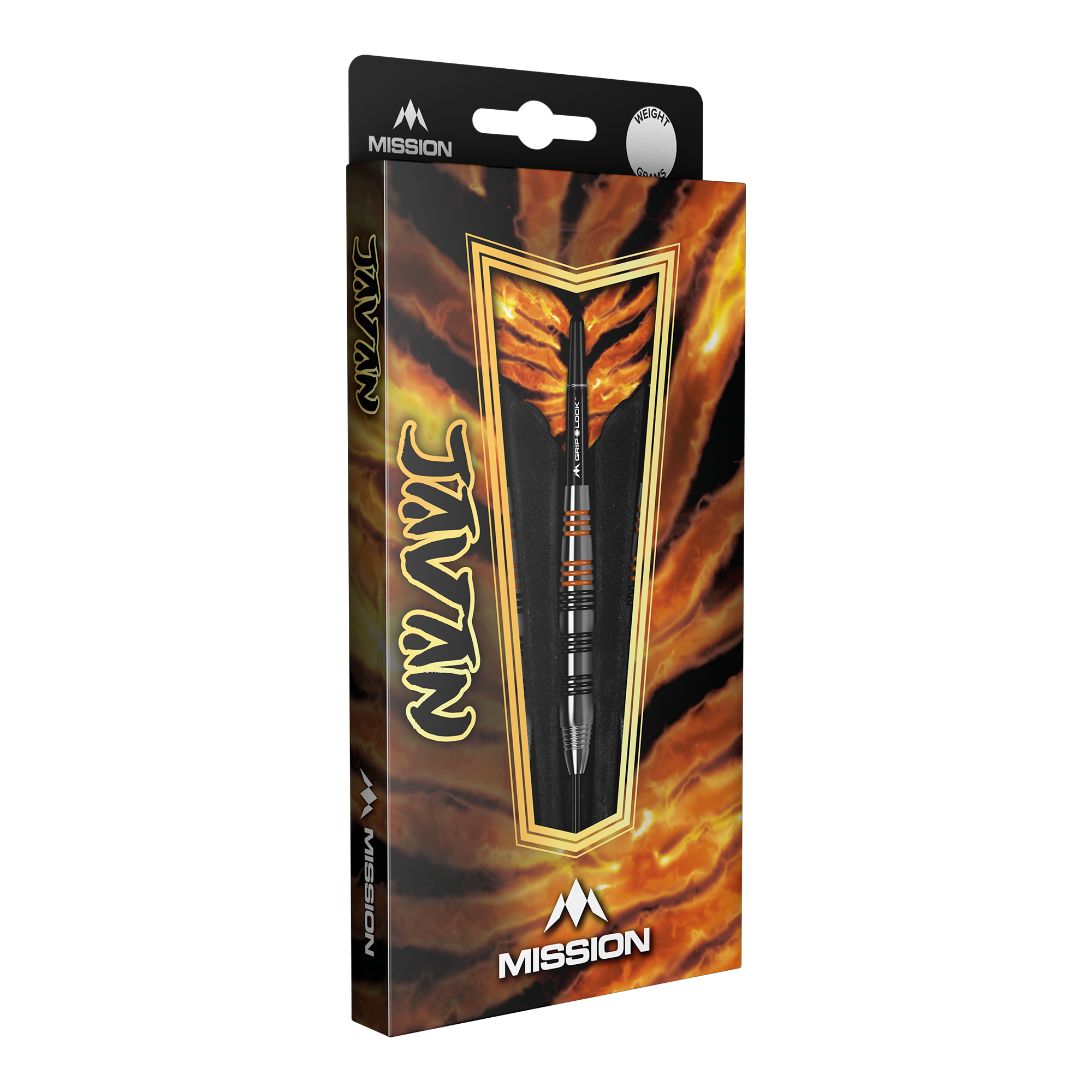 Mission Javan Brass Steeldarts - 22g Die Abbildung zeigt die Verpackung der Mission Javan Brass Steeldarts mit einem Gewicht von 22g. Das Design ist auffällig und besitzt feurige Farben mit dem Produkt im Vordergrund.