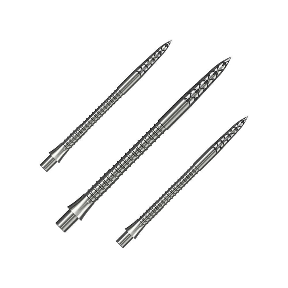 Mission Caliburn EVO Dartspitzen GV-Logo - Silber Ein Set silberner Steeldartspitzen mit einer Länge von 38 mm ist zu sehen. Das Set enthält mehrere Spitzen.