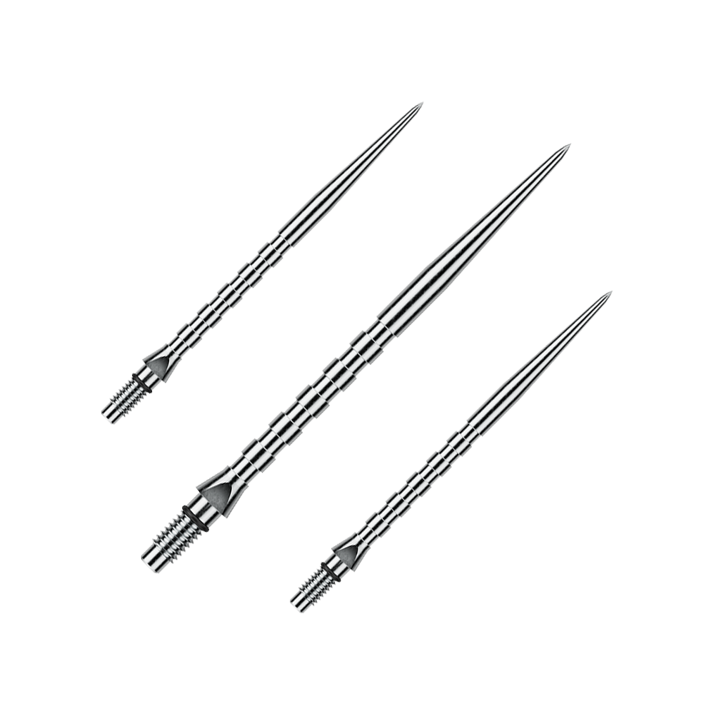 Winmau Switch Point Groove Steeldartspitzen - Silver Effect Abgebildet ist ein Set von silbernen Winmau Switch Point Groove Steeldartspitzen, 40 mm lang. Es sind typische Ersatzspitzen für Steeldarts.